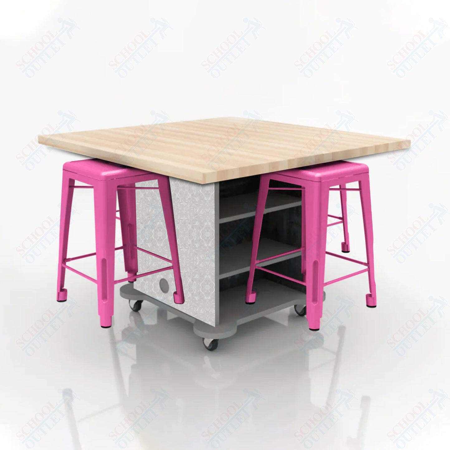 CEF Creation Cube Double-Sided Storage Table - 34"H, Square Butcher Block Top, High-Pressure Laminate Base and 4 Metal Stools Included