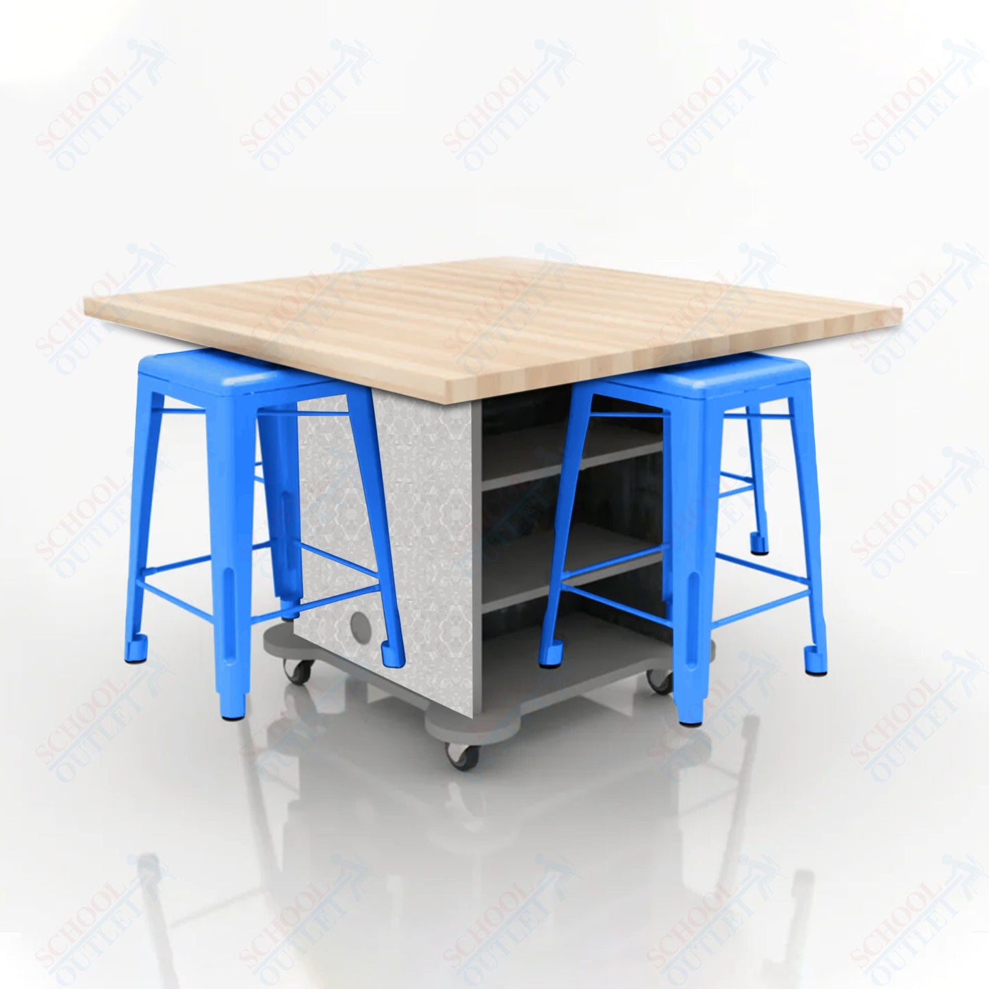 CEF Creation Cube Double-Sided Storage Table - 34"H, Square Butcher Block Top, High-Pressure Laminate Base and 4 Metal Stools Included