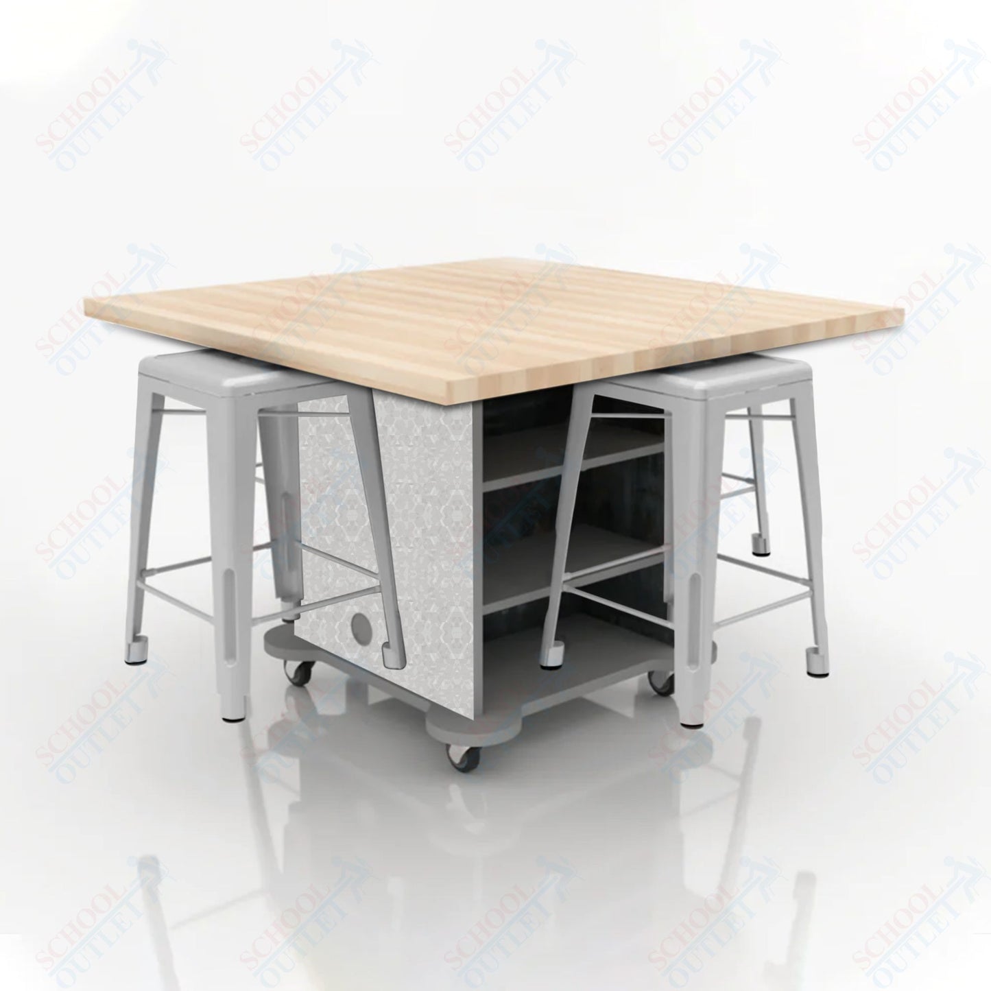 CEF Creation Cube Double-Sided Storage Table - 34"H, Square Butcher Block Top, High-Pressure Laminate Base and 4 Metal Stools Included