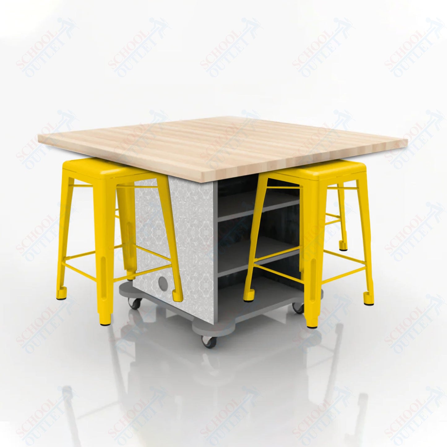 CEF Creation Cube Double-Sided Storage Table - 34"H, Square Butcher Block Top, High-Pressure Laminate Base and 4 Metal Stools Included
