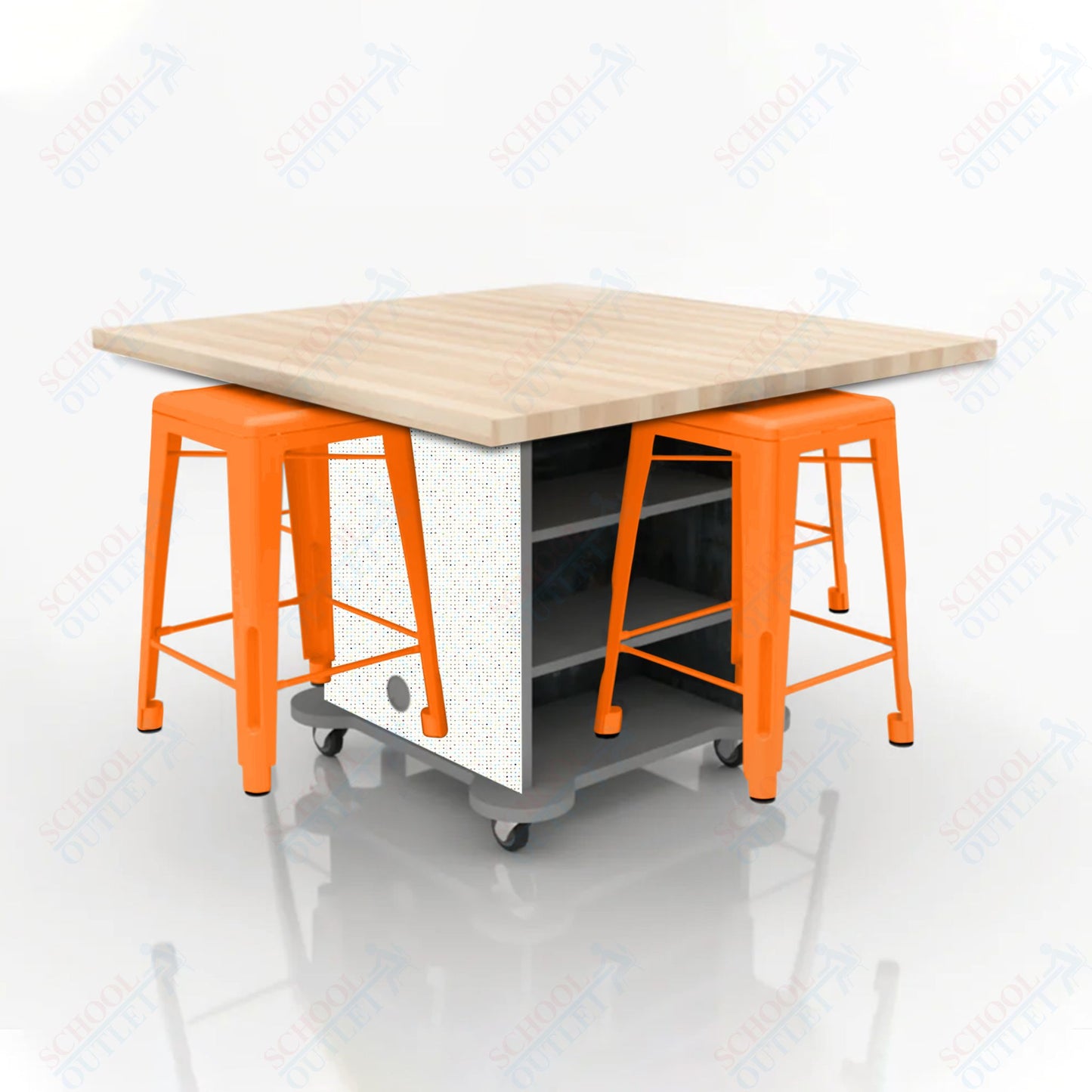CEF Creation Cube Double-Sided Storage Table - 34"H, Square Butcher Block Top, High-Pressure Laminate Base and 4 Metal Stools Included