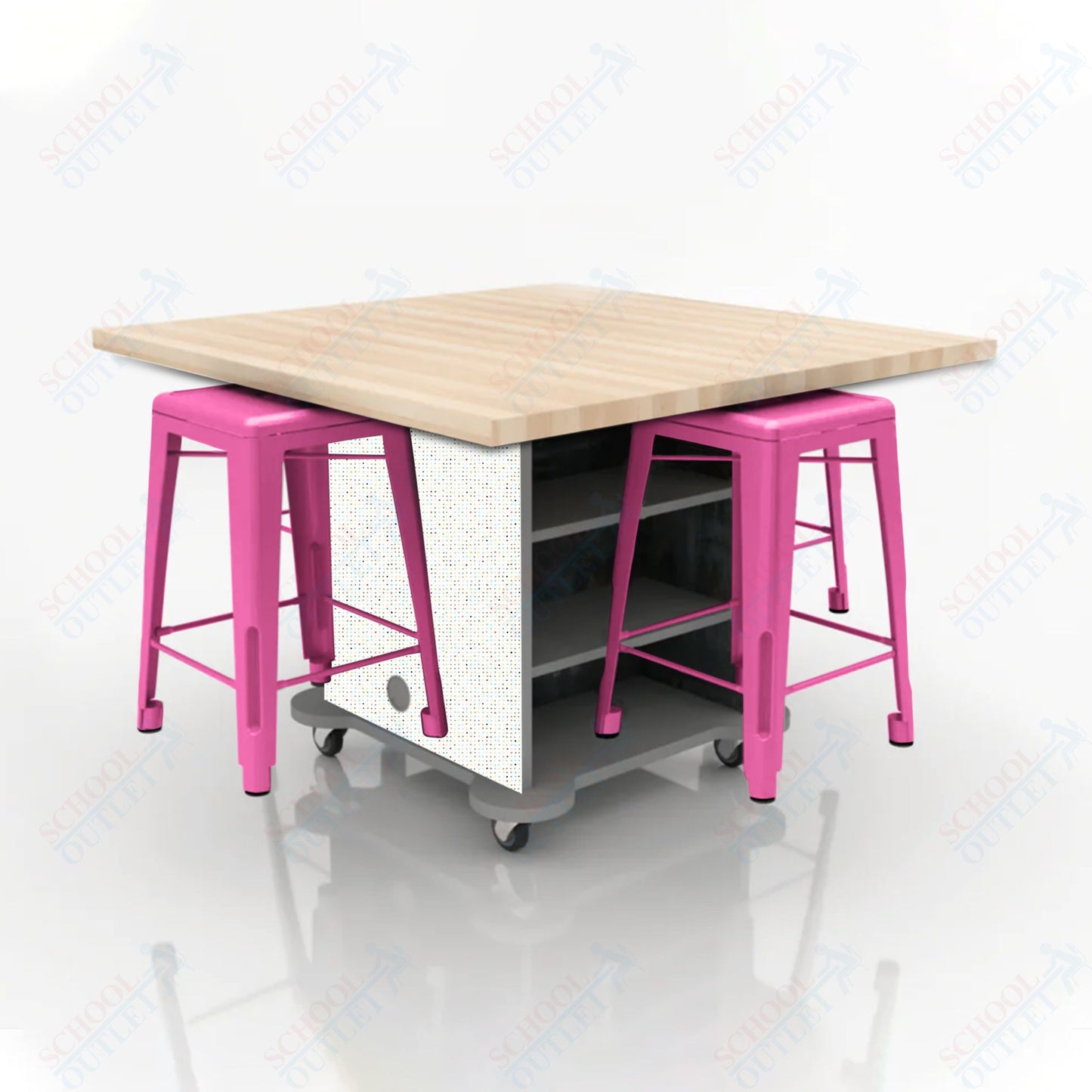 CEF Creation Cube Double-Sided Storage Table - 34"H, Square Butcher Block Top, High-Pressure Laminate Base and 4 Metal Stools Included