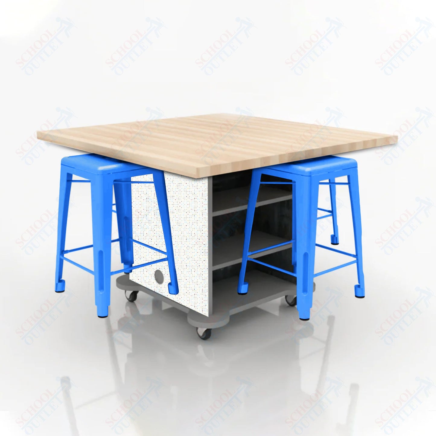 CEF Creation Cube Double-Sided Storage Table - 34"H, Square Butcher Block Top, High-Pressure Laminate Base and 4 Metal Stools Included