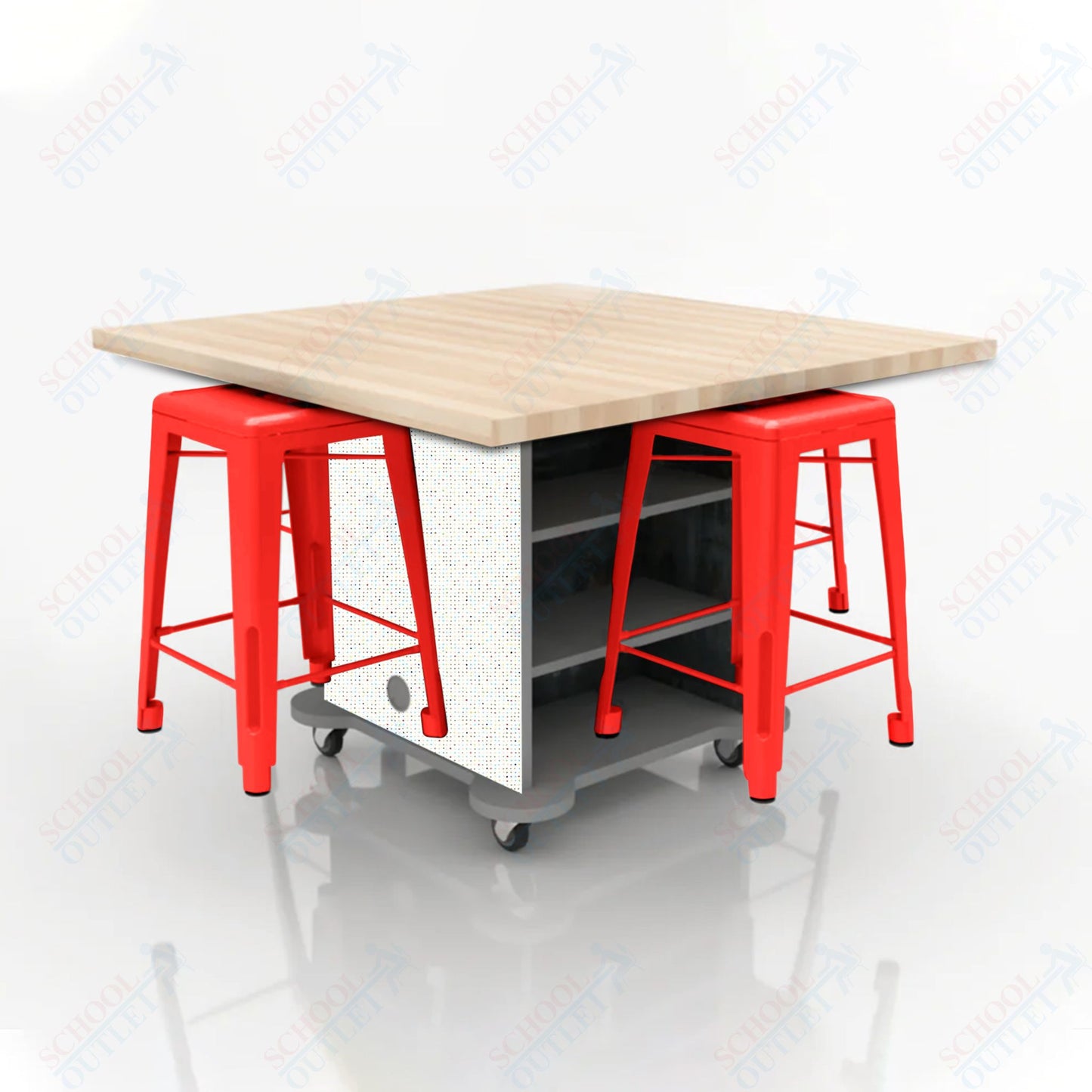CEF Creation Cube Double-Sided Storage Table - 34"H, Square Butcher Block Top, High-Pressure Laminate Base and 4 Metal Stools Included