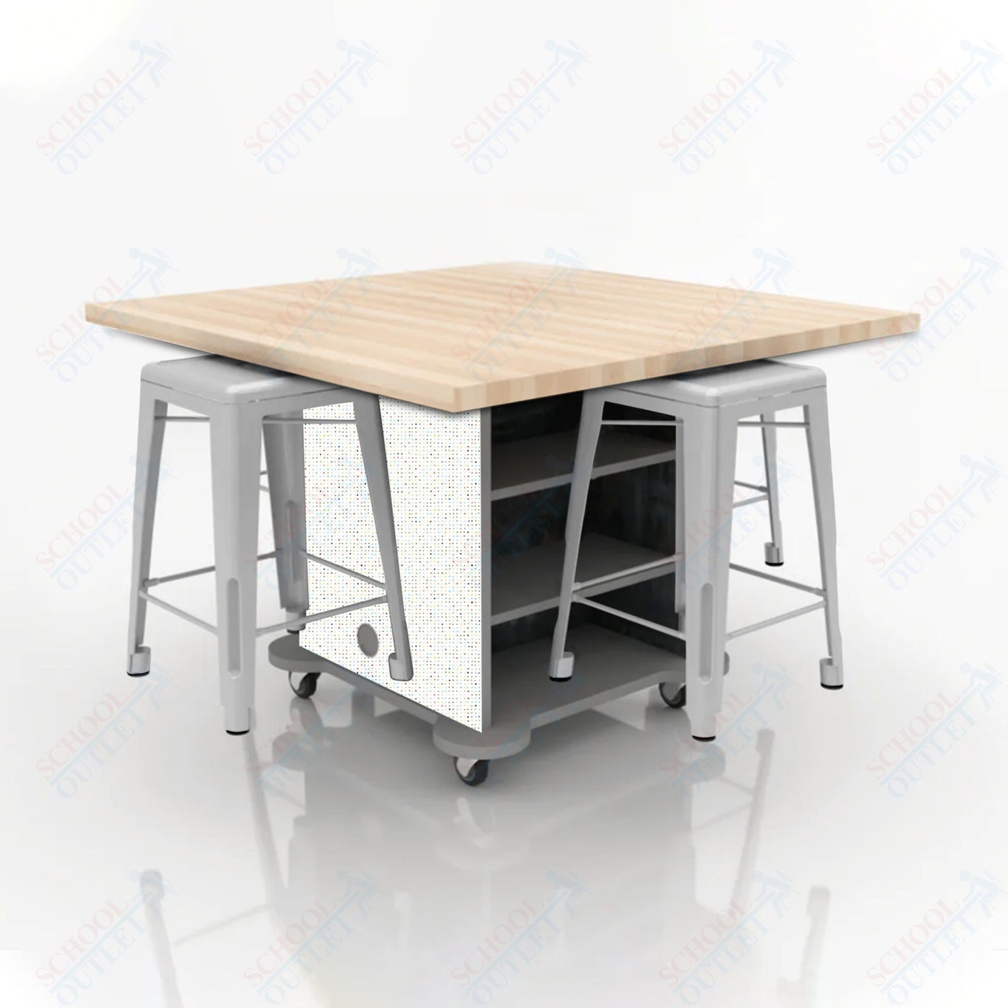CEF Creation Cube Double-Sided Storage Table - 34"H, Square Butcher Block Top, High-Pressure Laminate Base and 4 Metal Stools Included