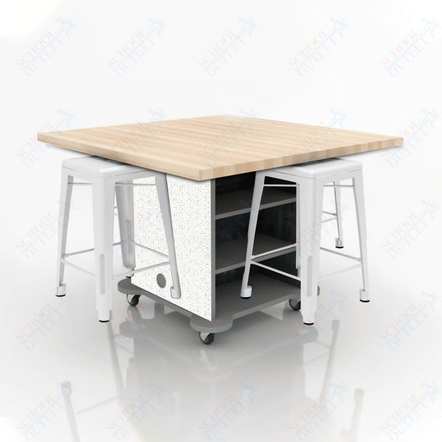 CEF Creation Cube Double-Sided Storage Table - 34"H, Square Butcher Block Top, High-Pressure Laminate Base and 4 Metal Stools Included