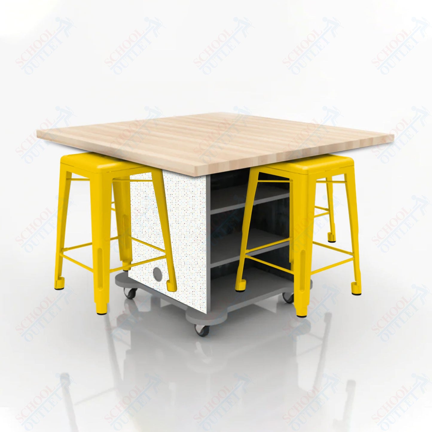 CEF Creation Cube Double-Sided Storage Table - 34"H, Square Butcher Block Top, High-Pressure Laminate Base and 4 Metal Stools Included
