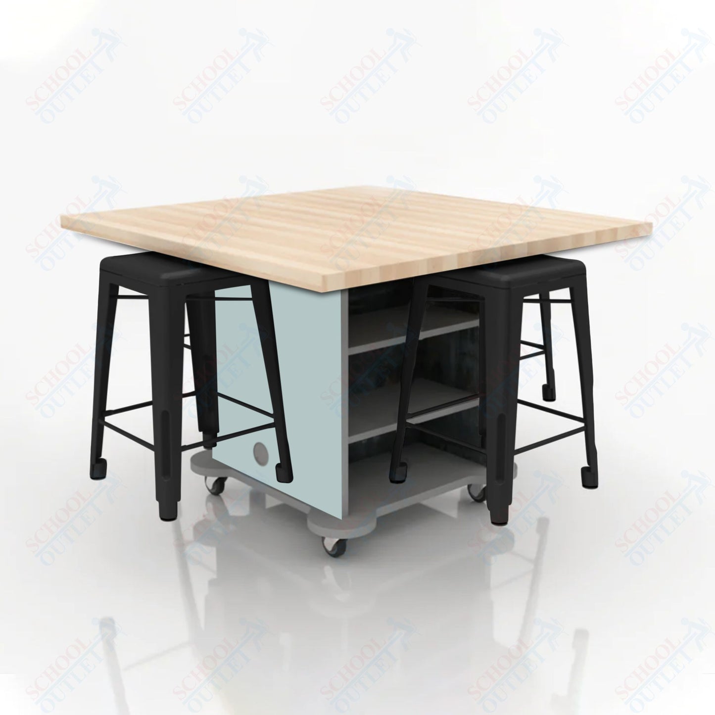 CEF Creation Cube Double-Sided Storage Table - 34"H, Square Butcher Block Top, High-Pressure Laminate Base and 4 Metal Stools Included