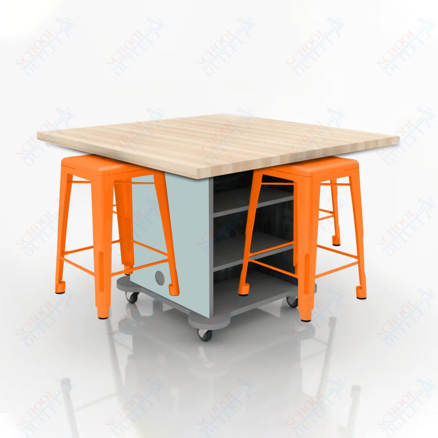 CEF Creation Cube Double-Sided Storage Table - 34"H, Square Butcher Block Top, High-Pressure Laminate Base and 4 Metal Stools Included