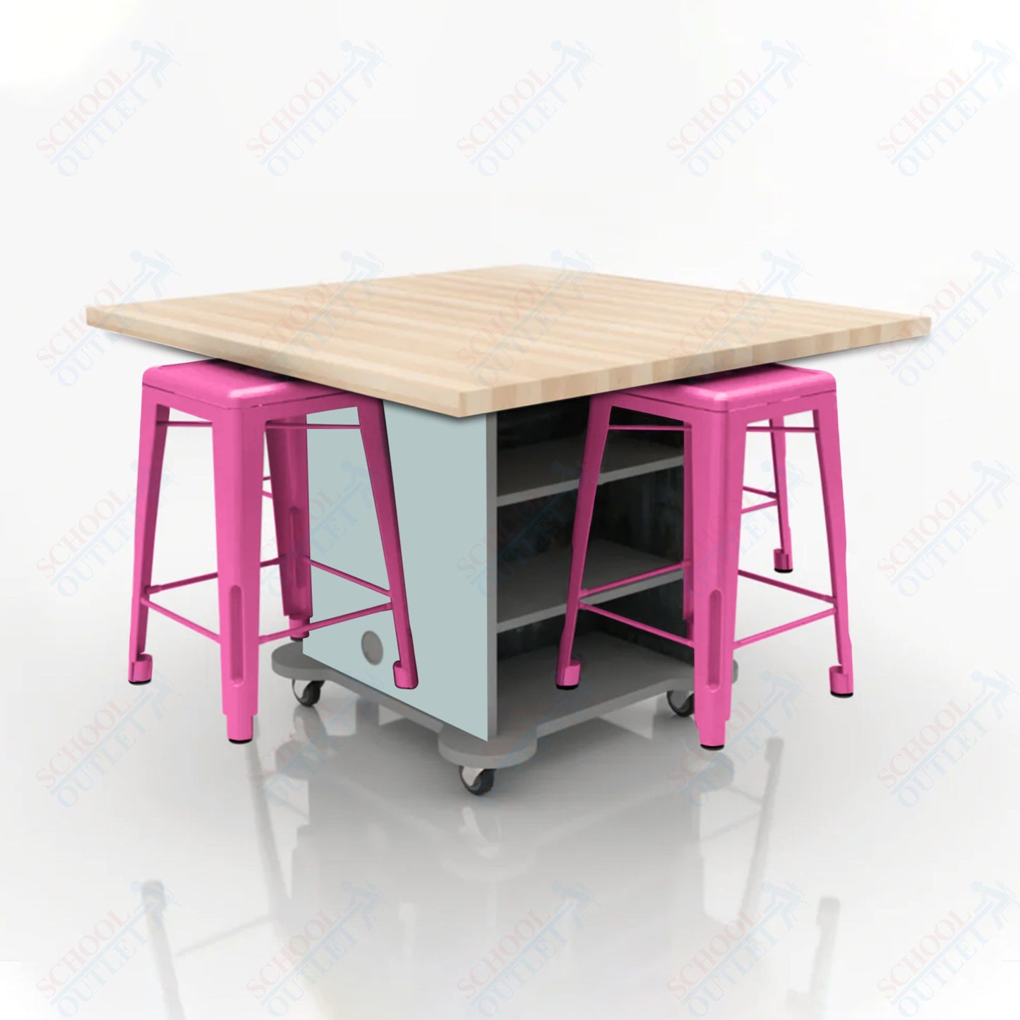 CEF Creation Cube Double-Sided Storage Table - 34"H, Square Butcher Block Top, High-Pressure Laminate Base and 4 Metal Stools Included