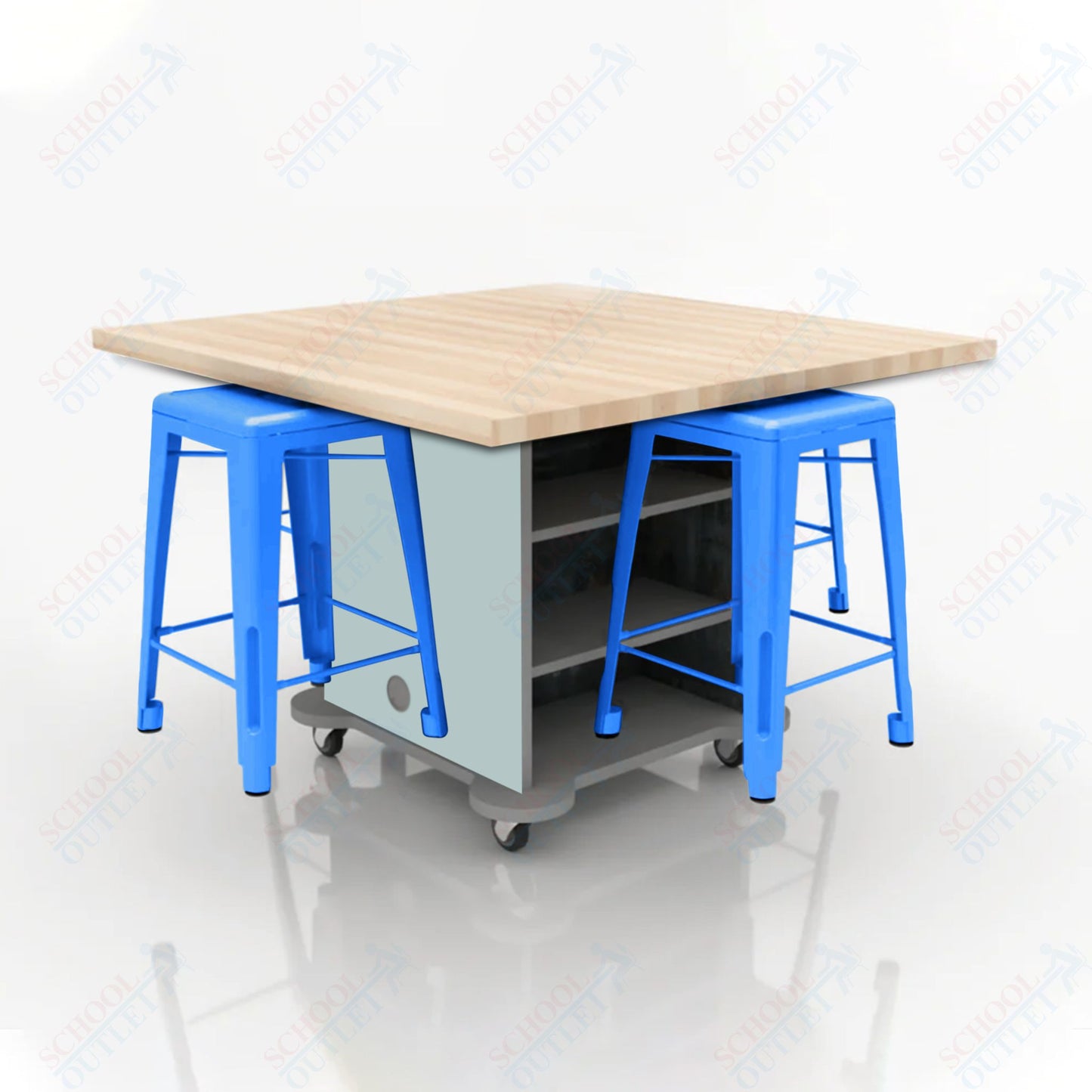 CEF Creation Cube Double-Sided Storage Table - 34"H, Square Butcher Block Top, High-Pressure Laminate Base and 4 Metal Stools Included