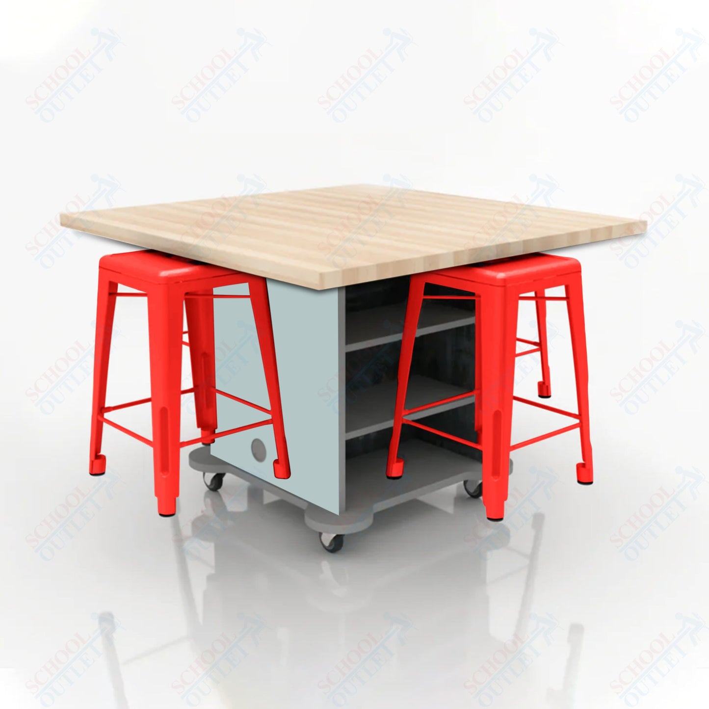 CEF Creation Cube Double-Sided Storage Table - 34"H, Square Butcher Block Top, High-Pressure Laminate Base and 4 Metal Stools Included