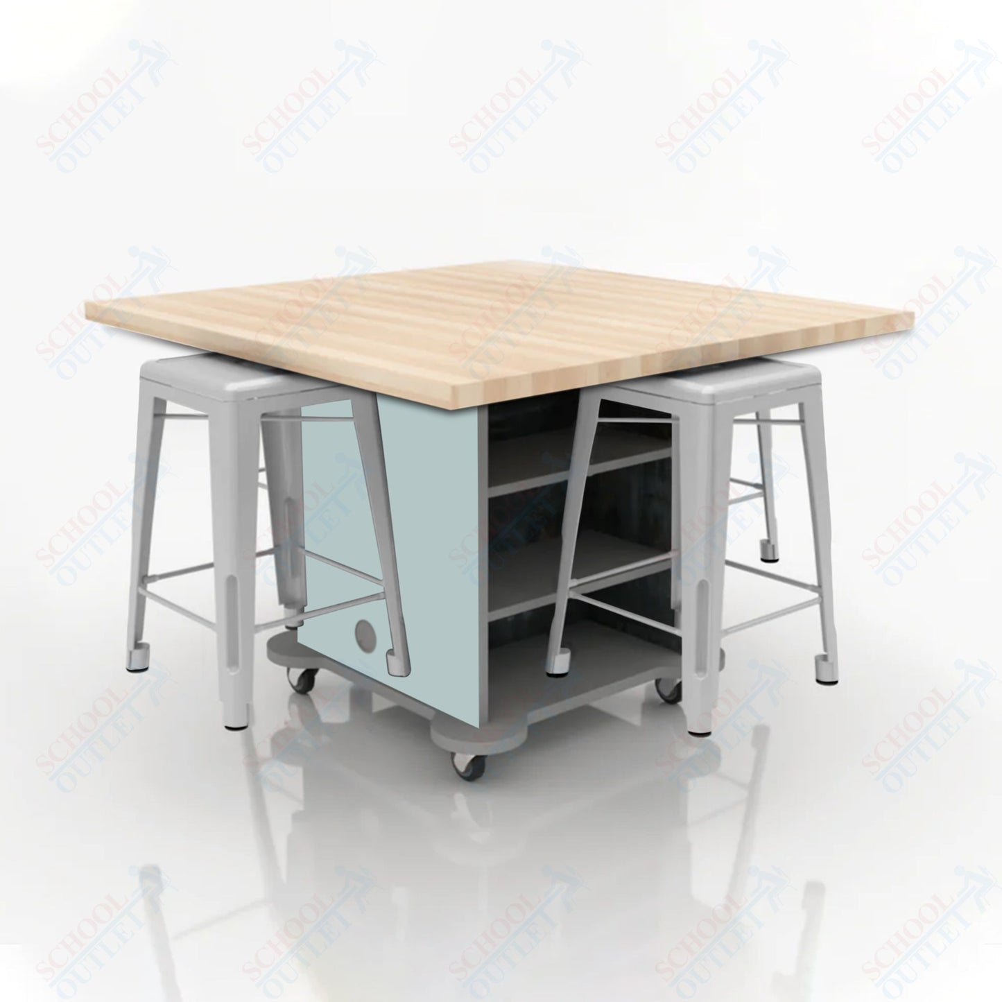 CEF Creation Cube Double-Sided Storage Table - 34"H, Square Butcher Block Top, High-Pressure Laminate Base and 4 Metal Stools Included