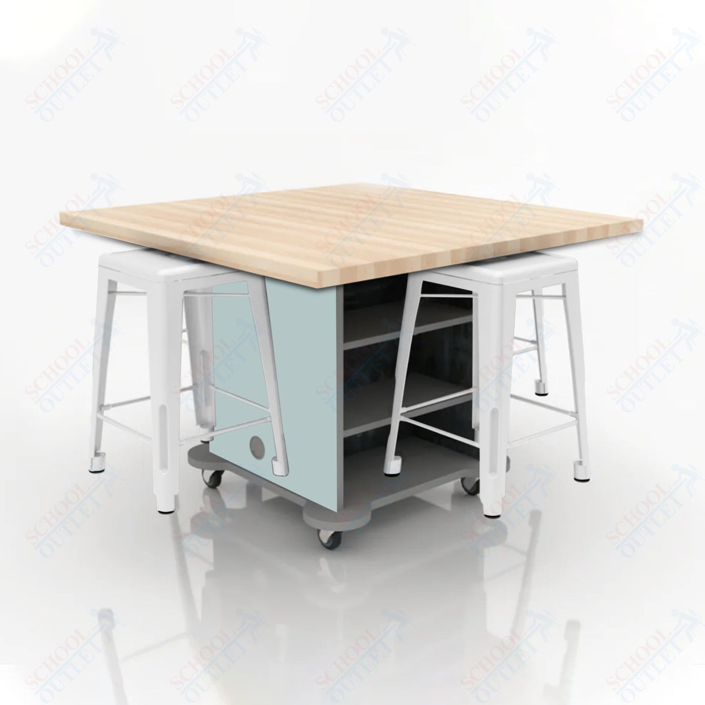 CEF Creation Cube Double-Sided Storage Table - 34"H, Square Butcher Block Top, High-Pressure Laminate Base and 4 Metal Stools Included