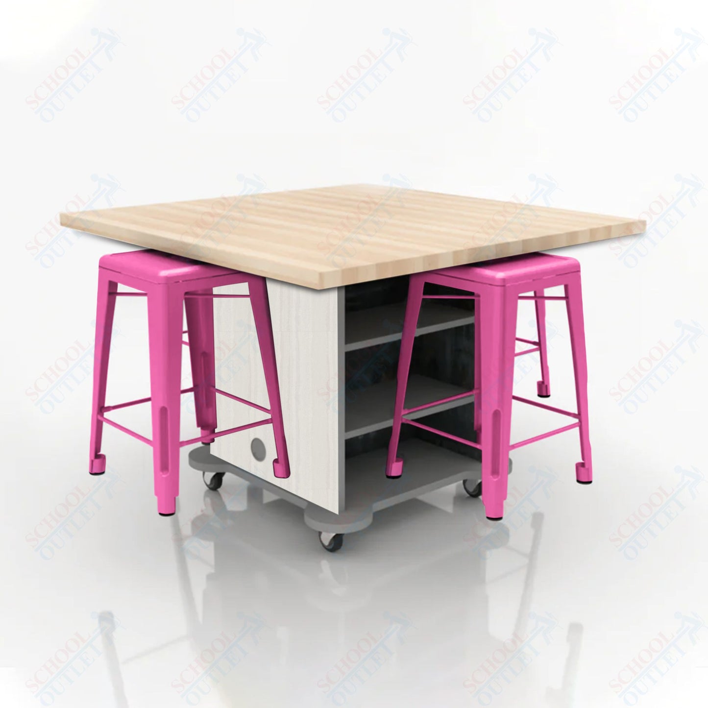CEF Creation Cube Double-Sided Storage Table - 34"H, Square Butcher Block Top, High-Pressure Laminate Base and 4 Metal Stools Included