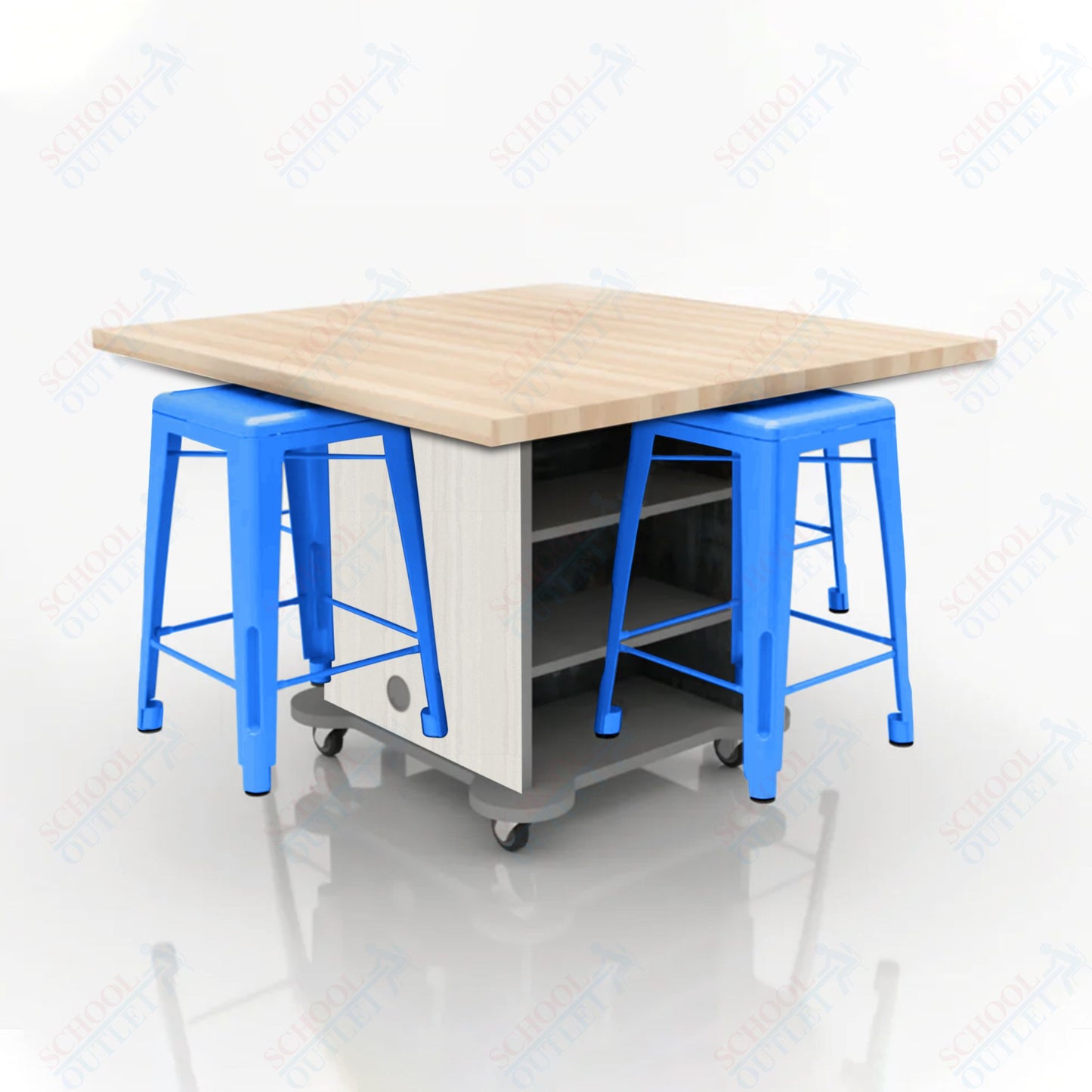CEF Creation Cube Double-Sided Storage Table - 34"H, Square Butcher Block Top, High-Pressure Laminate Base and 4 Metal Stools Included