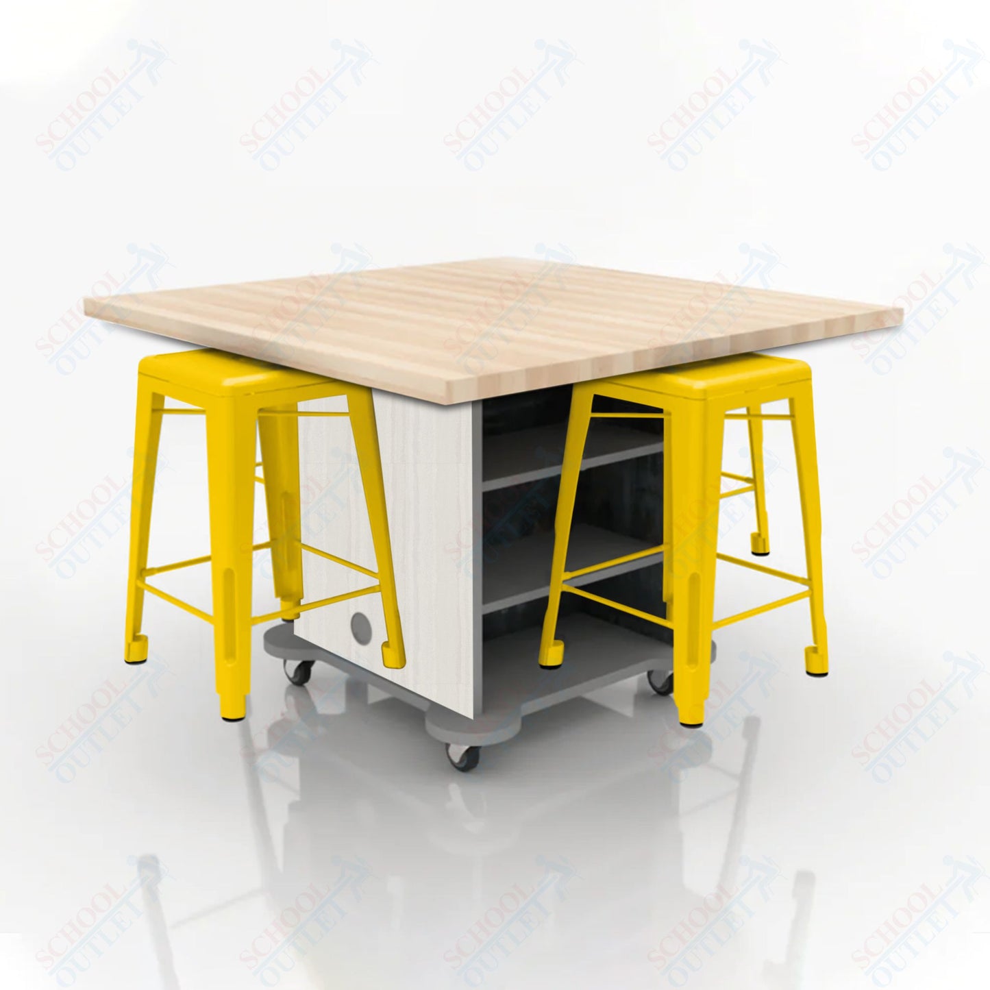 CEF Creation Cube Double-Sided Storage Table - 34"H, Square Butcher Block Top, High-Pressure Laminate Base and 4 Metal Stools Included