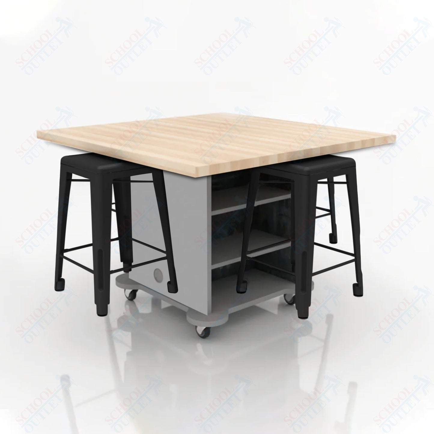 CEF Creation Cube Double-Sided Storage Table - 34"H, Square Butcher Block Top, High-Pressure Laminate Base and 4 Metal Stools Included