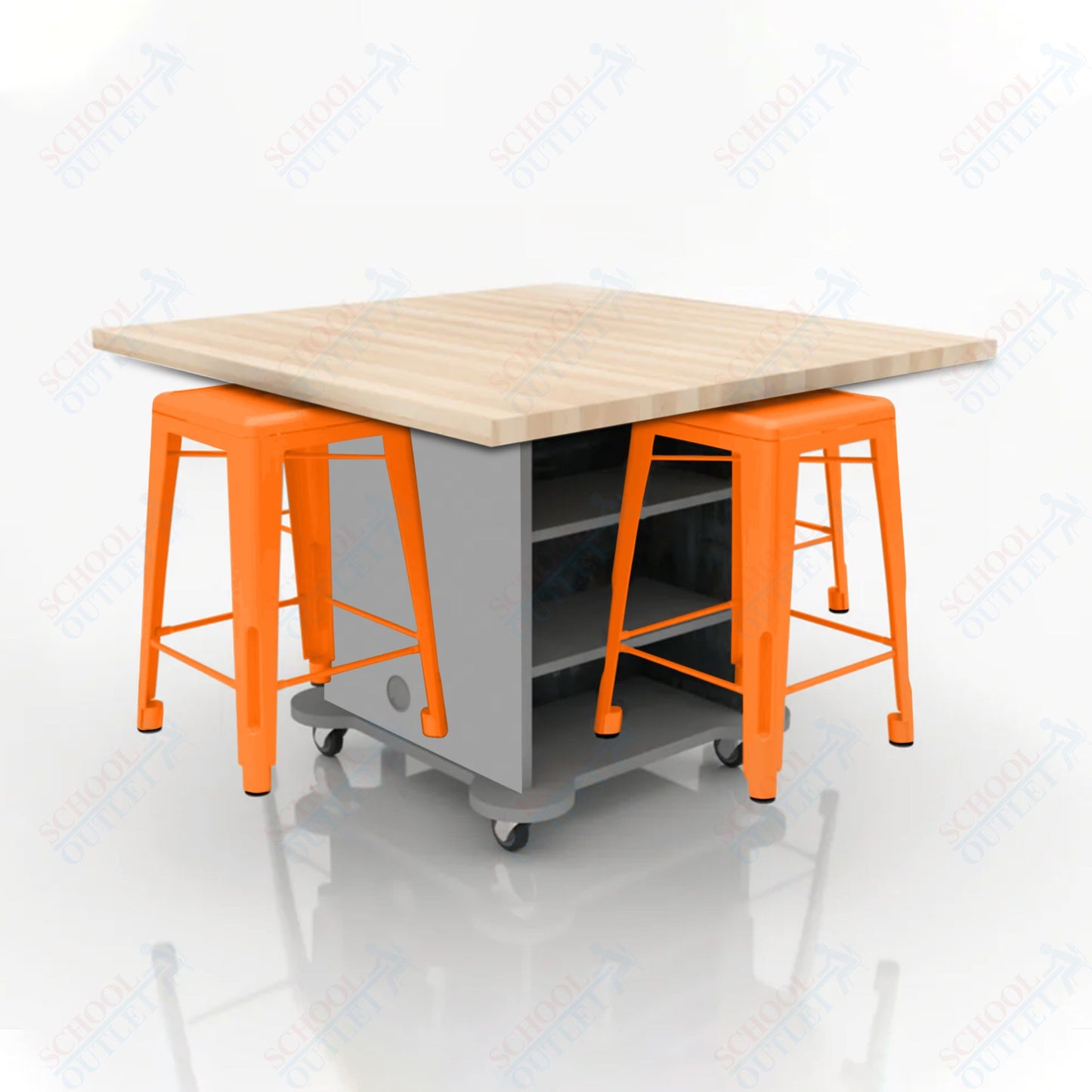 CEF Creation Cube Double-Sided Storage Table - 34"H, Square Butcher Block Top, High-Pressure Laminate Base and 4 Metal Stools Included