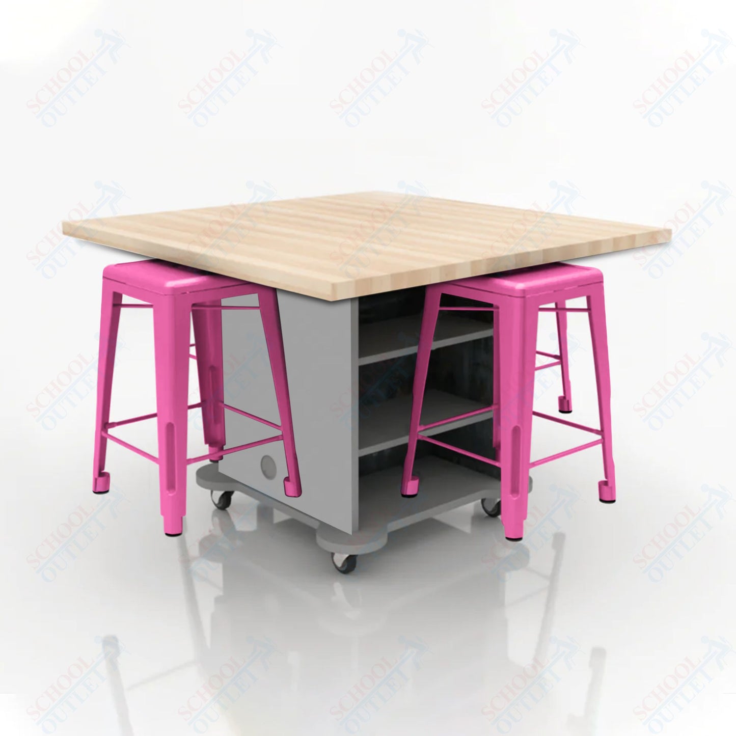 CEF Creation Cube Double-Sided Storage Table - 34"H, Square Butcher Block Top, High-Pressure Laminate Base and 4 Metal Stools Included