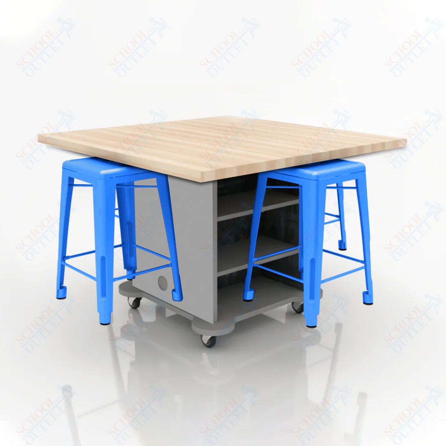 CEF Creation Cube Double-Sided Storage Table - 34"H, Square Butcher Block Top, High-Pressure Laminate Base and 4 Metal Stools Included