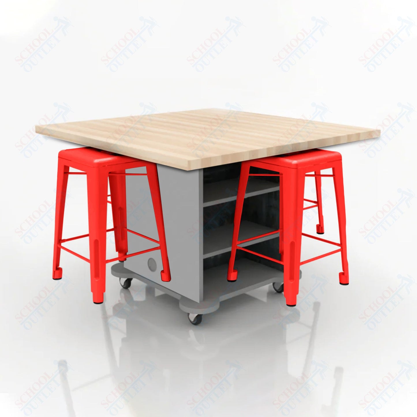 CEF Creation Cube Double-Sided Storage Table - 34"H, Square Butcher Block Top, High-Pressure Laminate Base and 4 Metal Stools Included