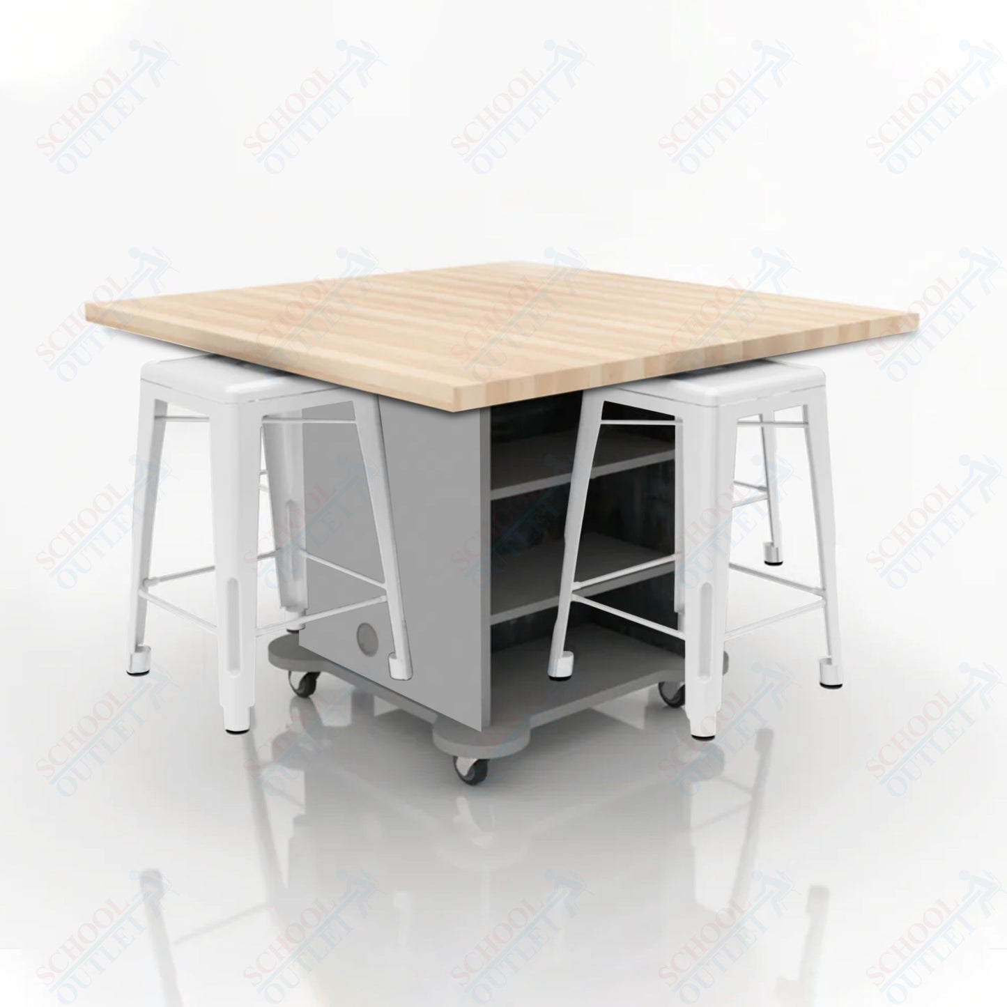 CEF Creation Cube Double-Sided Storage Table - 34"H, Square Butcher Block Top, High-Pressure Laminate Base and 4 Metal Stools Included
