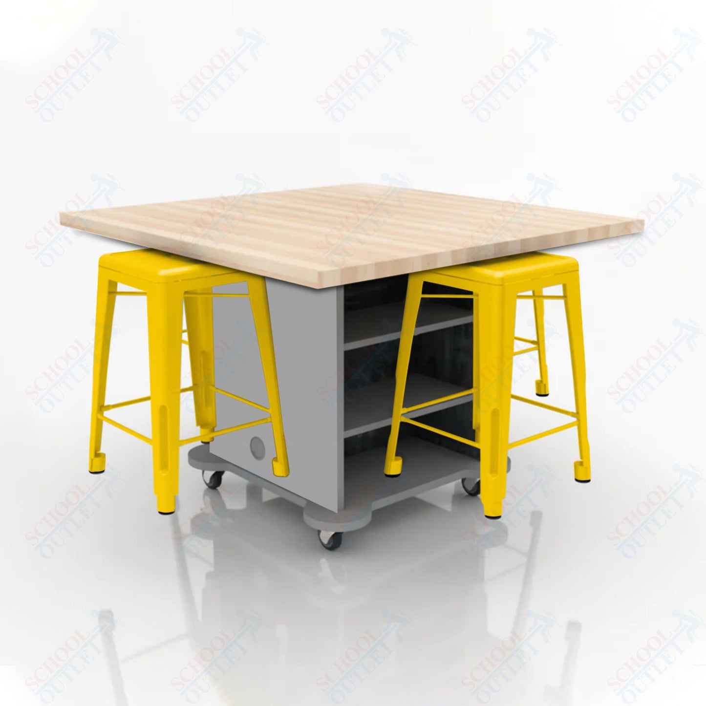 CEF Creation Cube Double-Sided Storage Table - 34"H, Square Butcher Block Top, High-Pressure Laminate Base and 4 Metal Stools Included