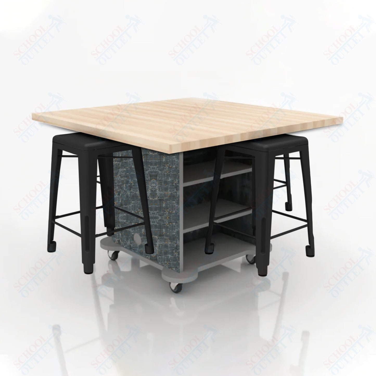 CEF Creation Cube Double-Sided Storage Table - 34"H, Square Butcher Block Top, High-Pressure Laminate Base and 4 Metal Stools Included