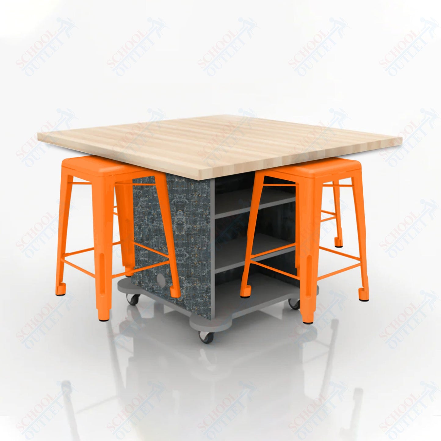 CEF Creation Cube Double-Sided Storage Table - 34"H, Square Butcher Block Top, High-Pressure Laminate Base and 4 Metal Stools Included