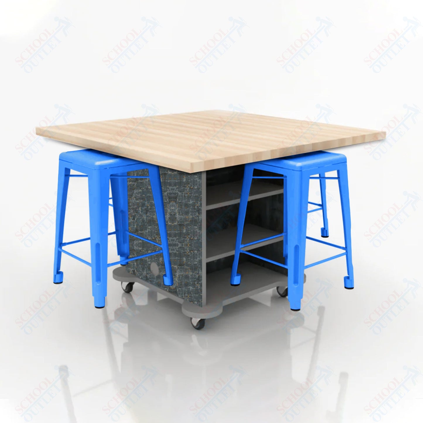 CEF Creation Cube Double-Sided Storage Table - 34"H, Square Butcher Block Top, High-Pressure Laminate Base and 4 Metal Stools Included