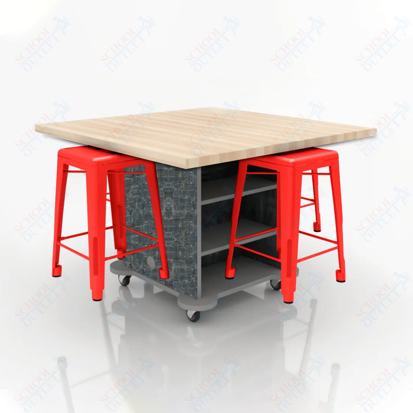 CEF Creation Cube Double-Sided Storage Table - 34"H, Square Butcher Block Top, High-Pressure Laminate Base and 4 Metal Stools Included