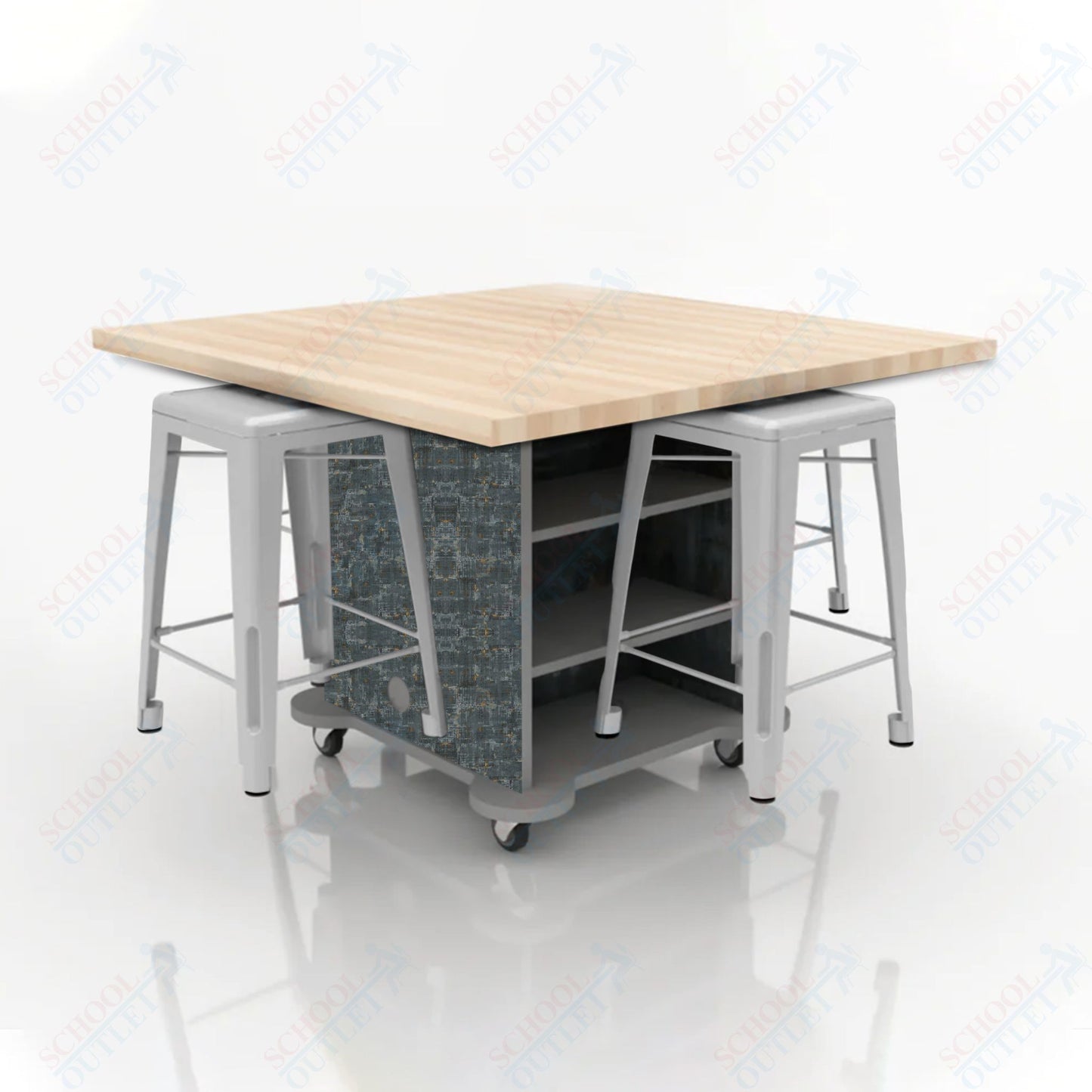 CEF Creation Cube Double-Sided Storage Table - 34"H, Square Butcher Block Top, High-Pressure Laminate Base and 4 Metal Stools Included