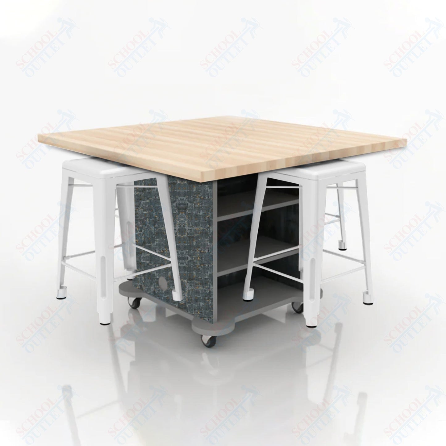 CEF Creation Cube Double-Sided Storage Table - 34"H, Square Butcher Block Top, High-Pressure Laminate Base and 4 Metal Stools Included