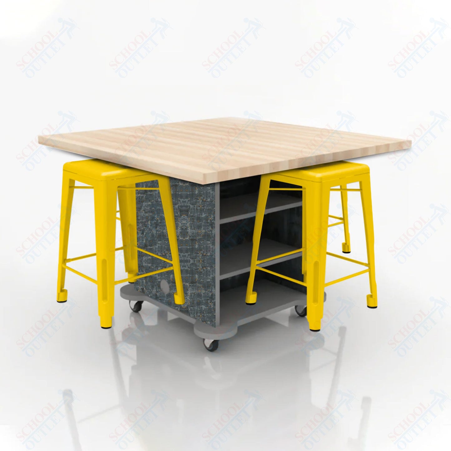 CEF Creation Cube Double-Sided Storage Table - 34"H, Square Butcher Block Top, High-Pressure Laminate Base and 4 Metal Stools Included