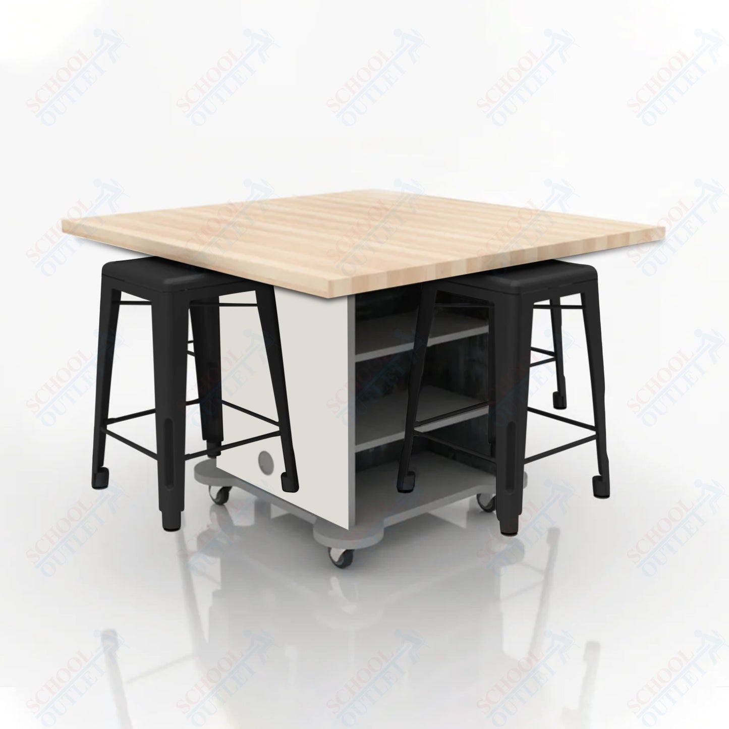 CEF Creation Cube Double-Sided Storage Table - 34"H, Square Butcher Block Top, High-Pressure Laminate Base and 4 Metal Stools Included