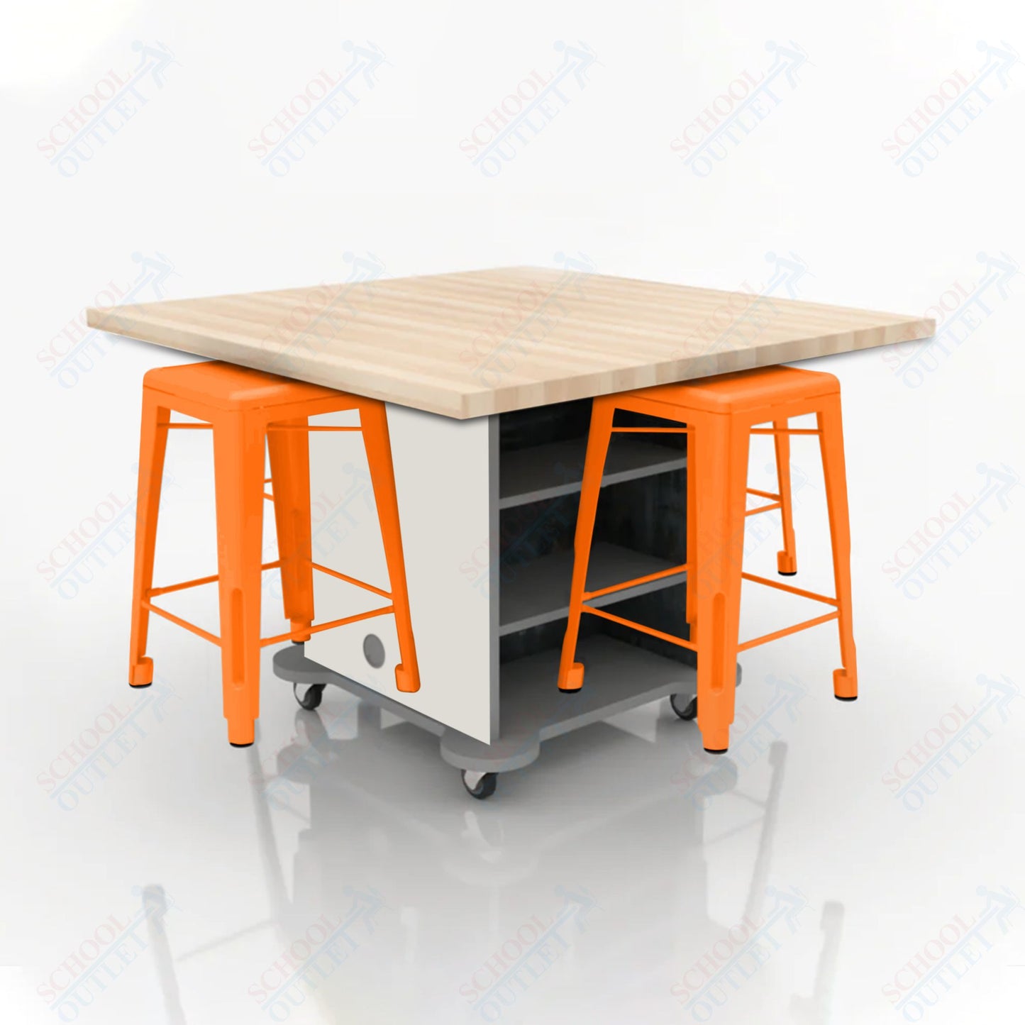 CEF Creation Cube Double-Sided Storage Table - 34"H, Square Butcher Block Top, High-Pressure Laminate Base and 4 Metal Stools Included