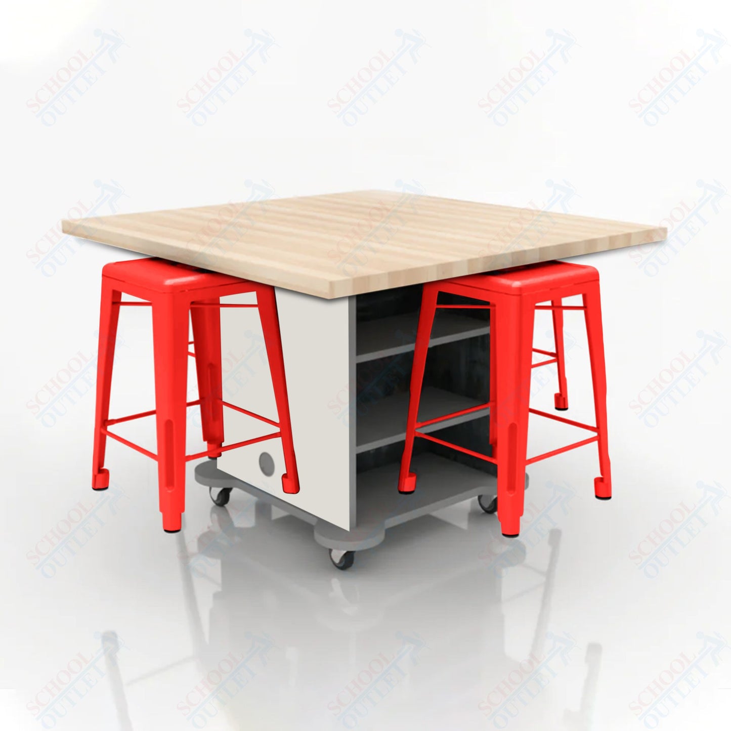CEF Creation Cube Double-Sided Storage Table - 34"H, Square Butcher Block Top, High-Pressure Laminate Base and 4 Metal Stools Included