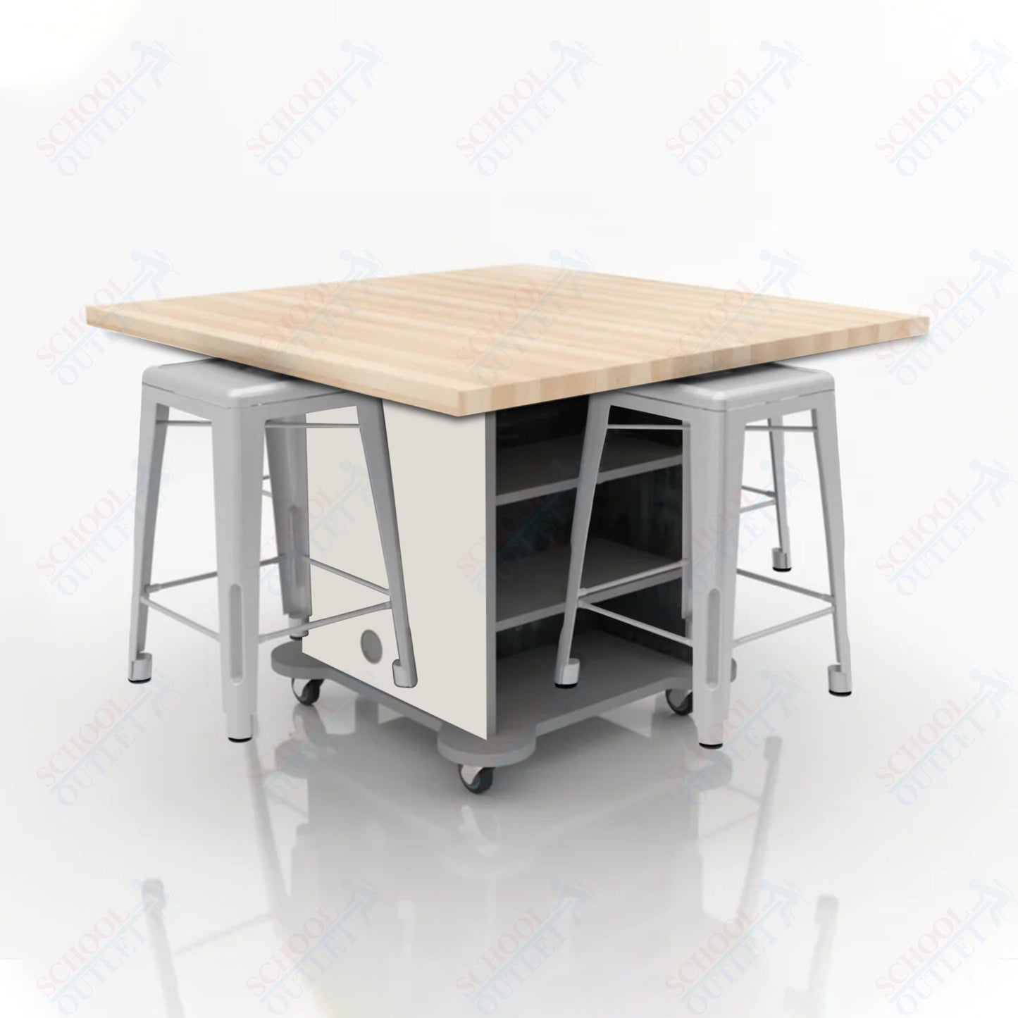 CEF Creation Cube Double-Sided Storage Table - 34"H, Square Butcher Block Top, High-Pressure Laminate Base and 4 Metal Stools Included