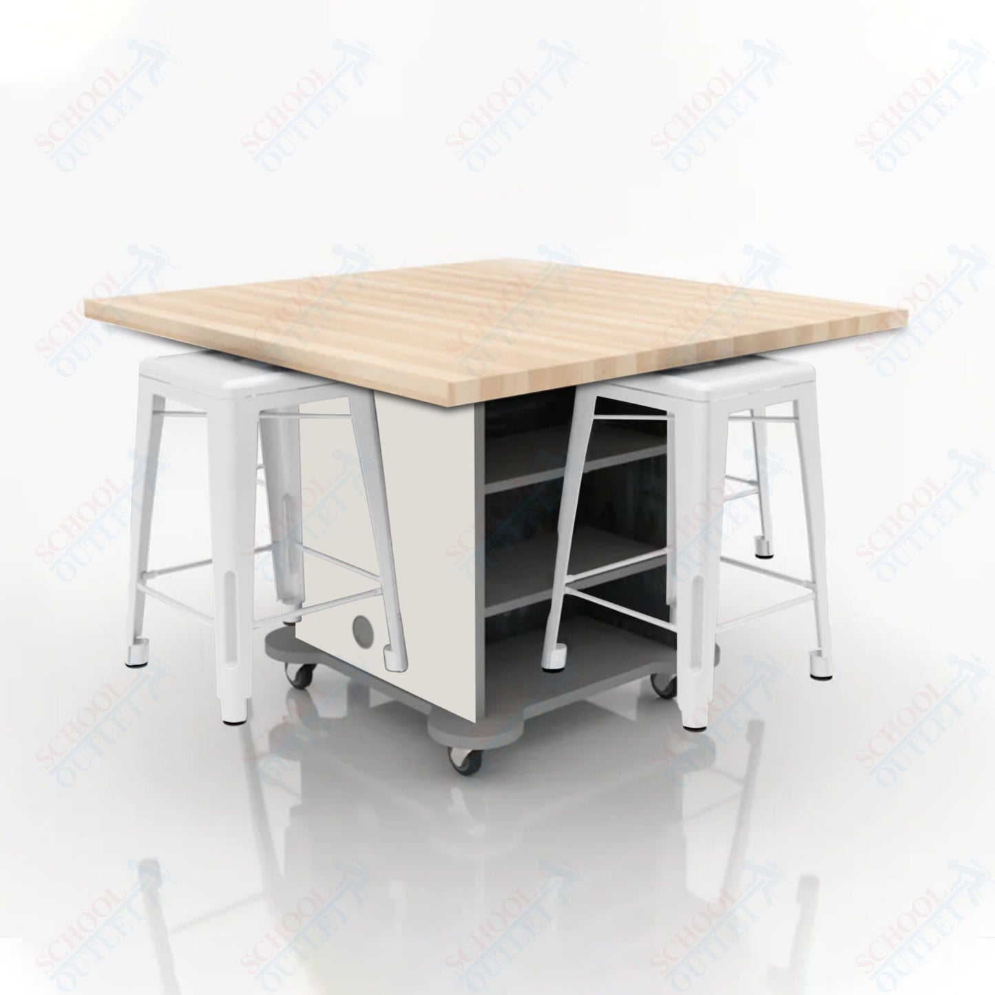 CEF Creation Cube Double-Sided Storage Table - 34"H, Square Butcher Block Top, High-Pressure Laminate Base and 4 Metal Stools Included