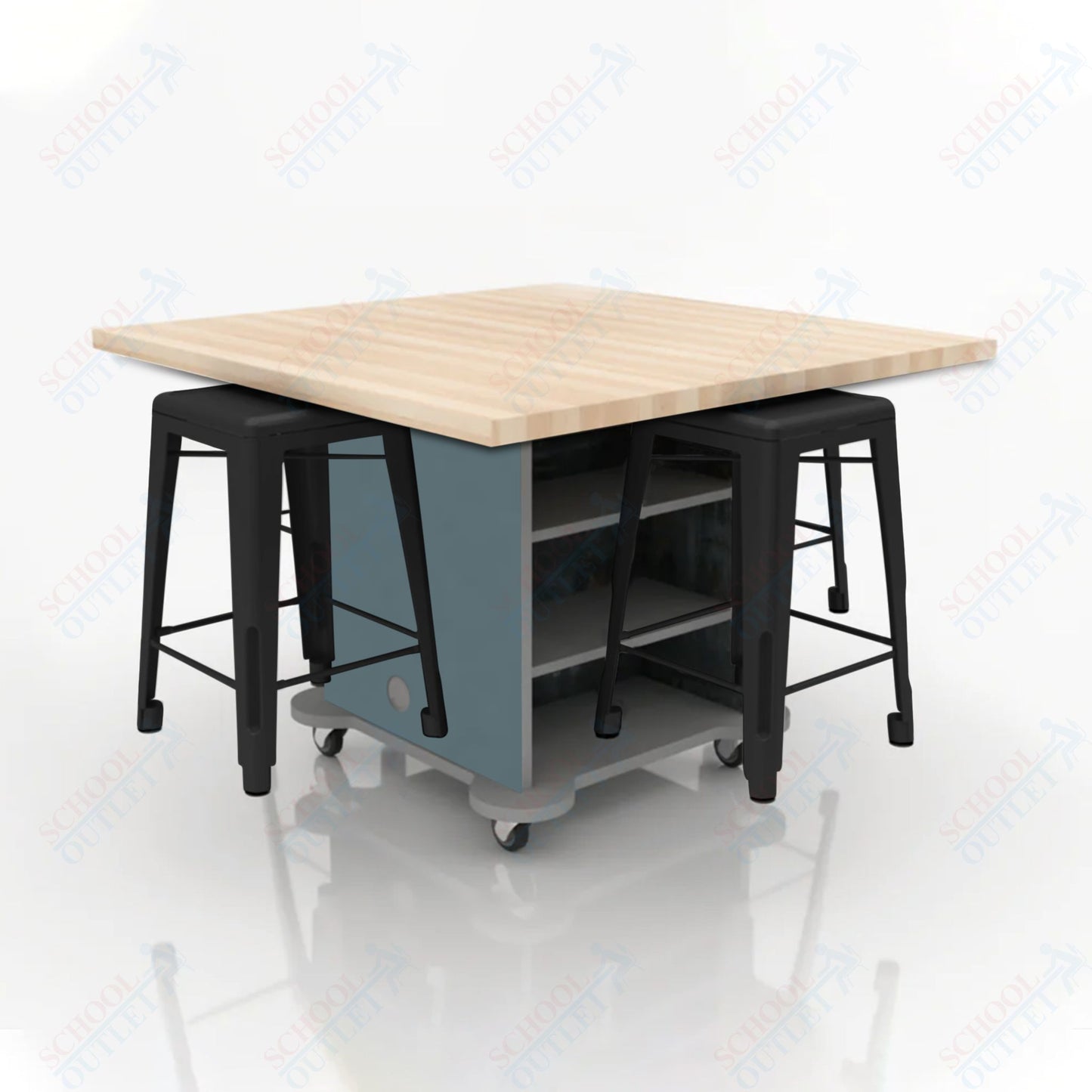 CEF Creation Cube Double-Sided Storage Table - 34"H, Square Butcher Block Top, High-Pressure Laminate Base and 4 Metal Stools Included
