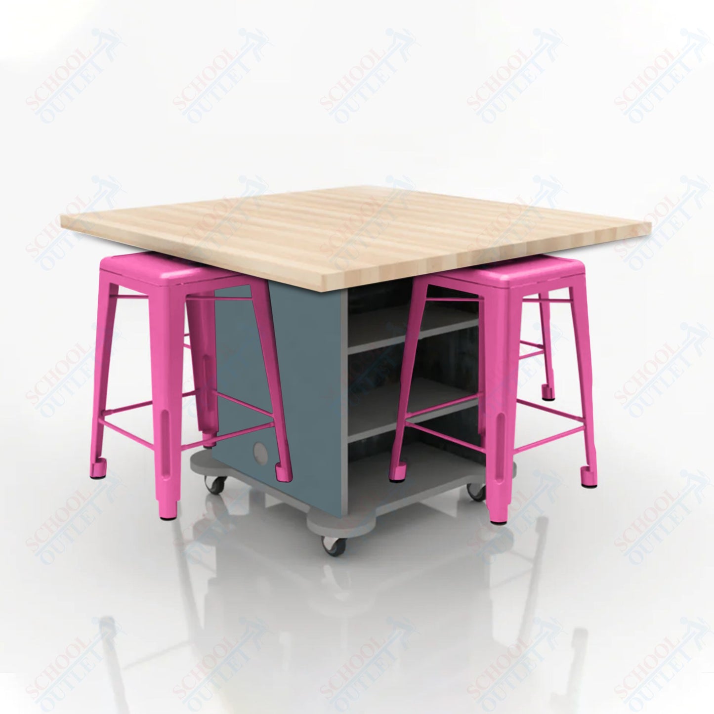 CEF Creation Cube Double-Sided Storage Table - 34"H, Square Butcher Block Top, High-Pressure Laminate Base and 4 Metal Stools Included