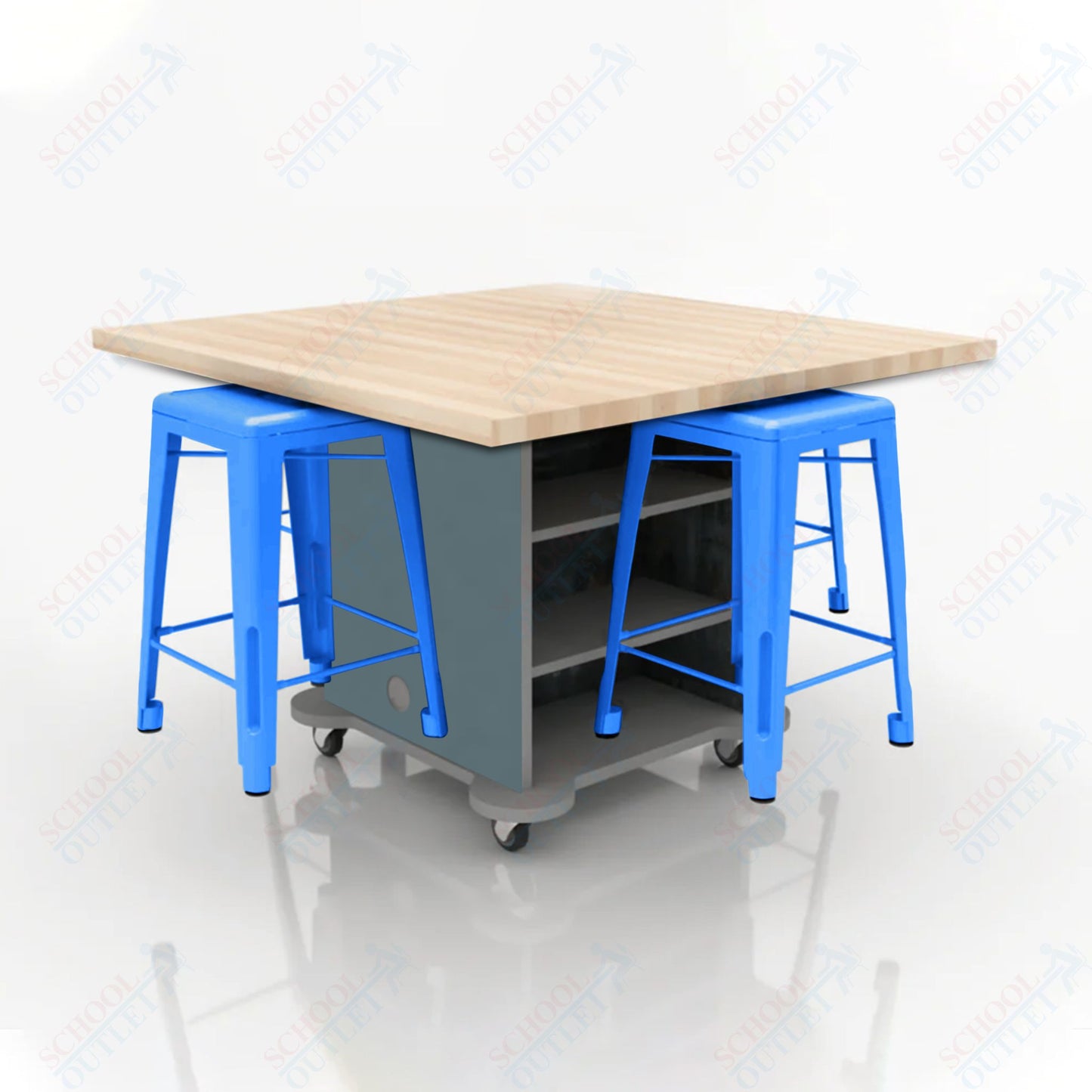 CEF Creation Cube Double-Sided Storage Table - 34"H, Square Butcher Block Top, High-Pressure Laminate Base and 4 Metal Stools Included
