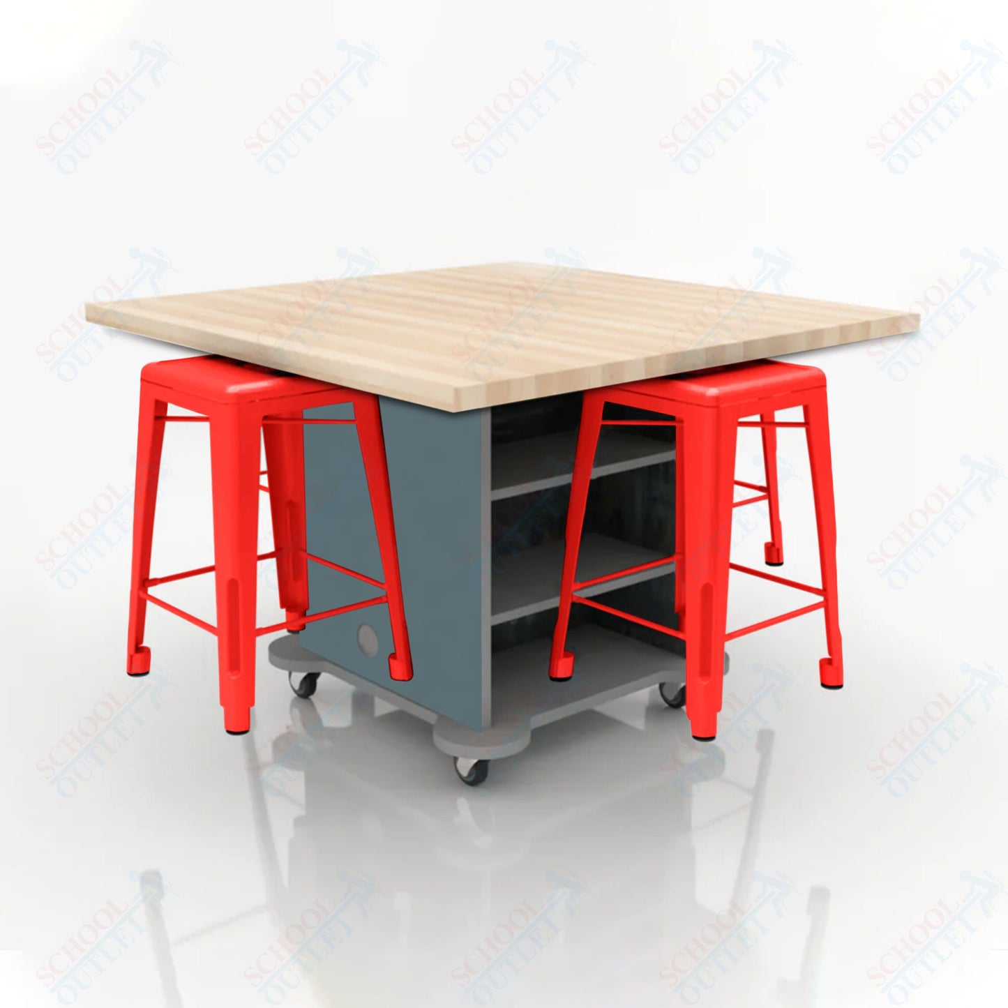 CEF Creation Cube Double-Sided Storage Table - 34"H, Square Butcher Block Top, High-Pressure Laminate Base and 4 Metal Stools Included