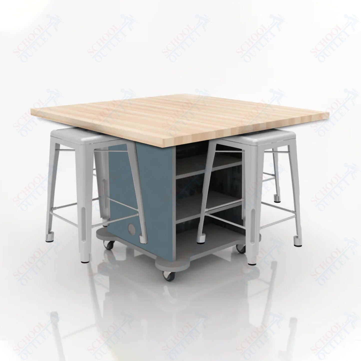 CEF Creation Cube Double-Sided Storage Table - 34"H, Square Butcher Block Top, High-Pressure Laminate Base and 4 Metal Stools Included