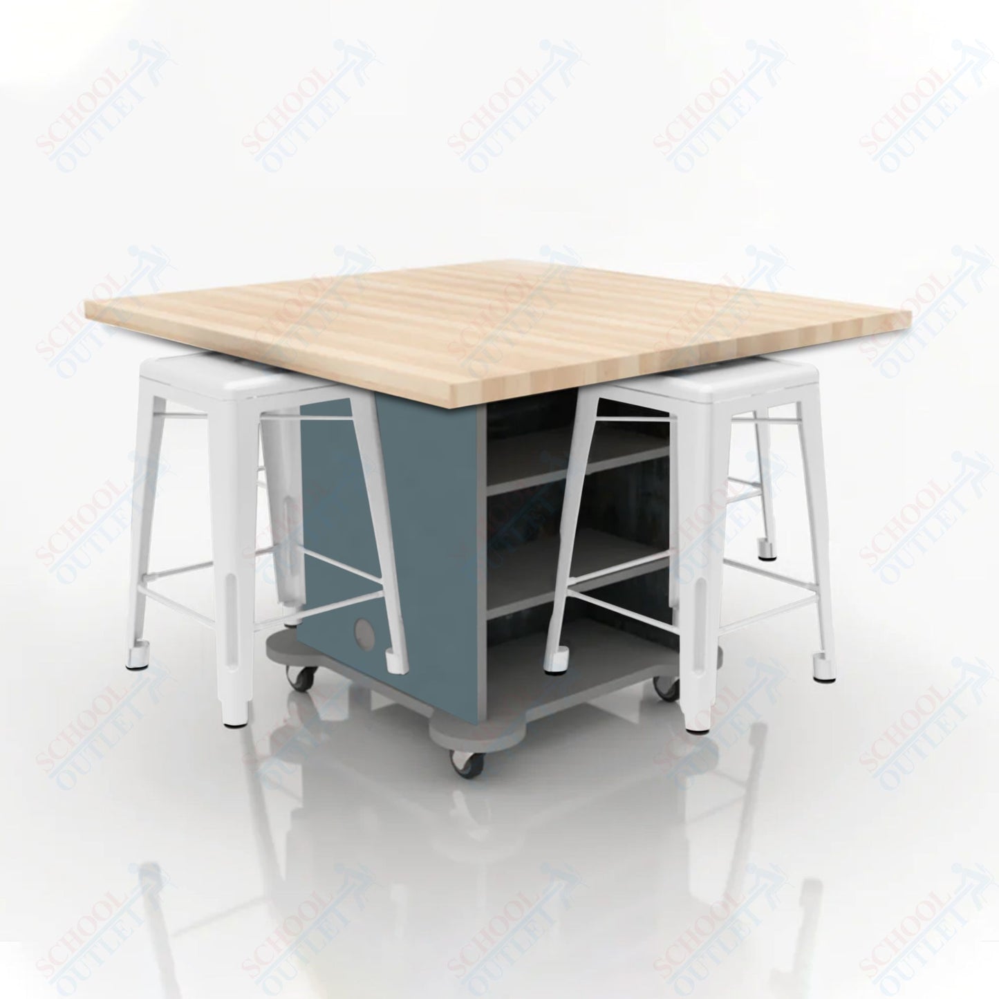CEF Creation Cube Double-Sided Storage Table - 34"H, Square Butcher Block Top, High-Pressure Laminate Base and 4 Metal Stools Included