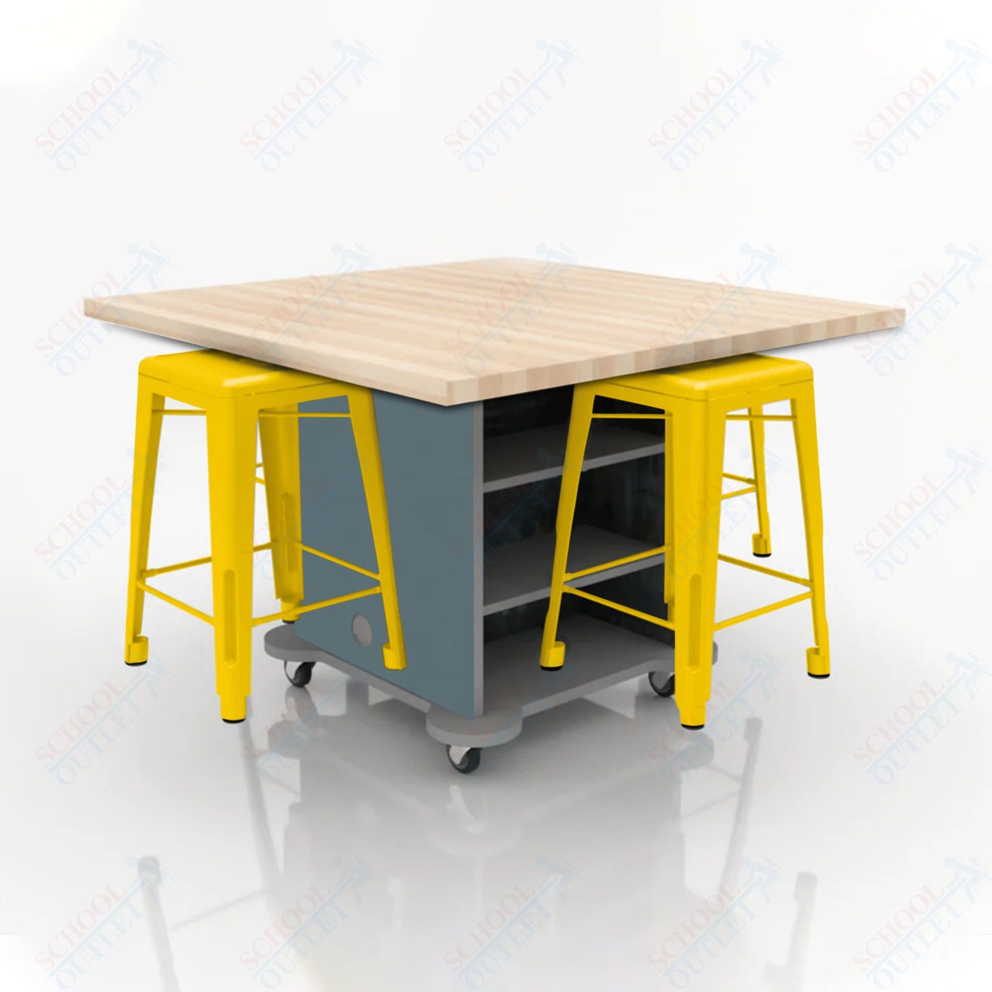 CEF Creation Cube Double-Sided Storage Table - 34"H, Square Butcher Block Top, High-Pressure Laminate Base and 4 Metal Stools Included