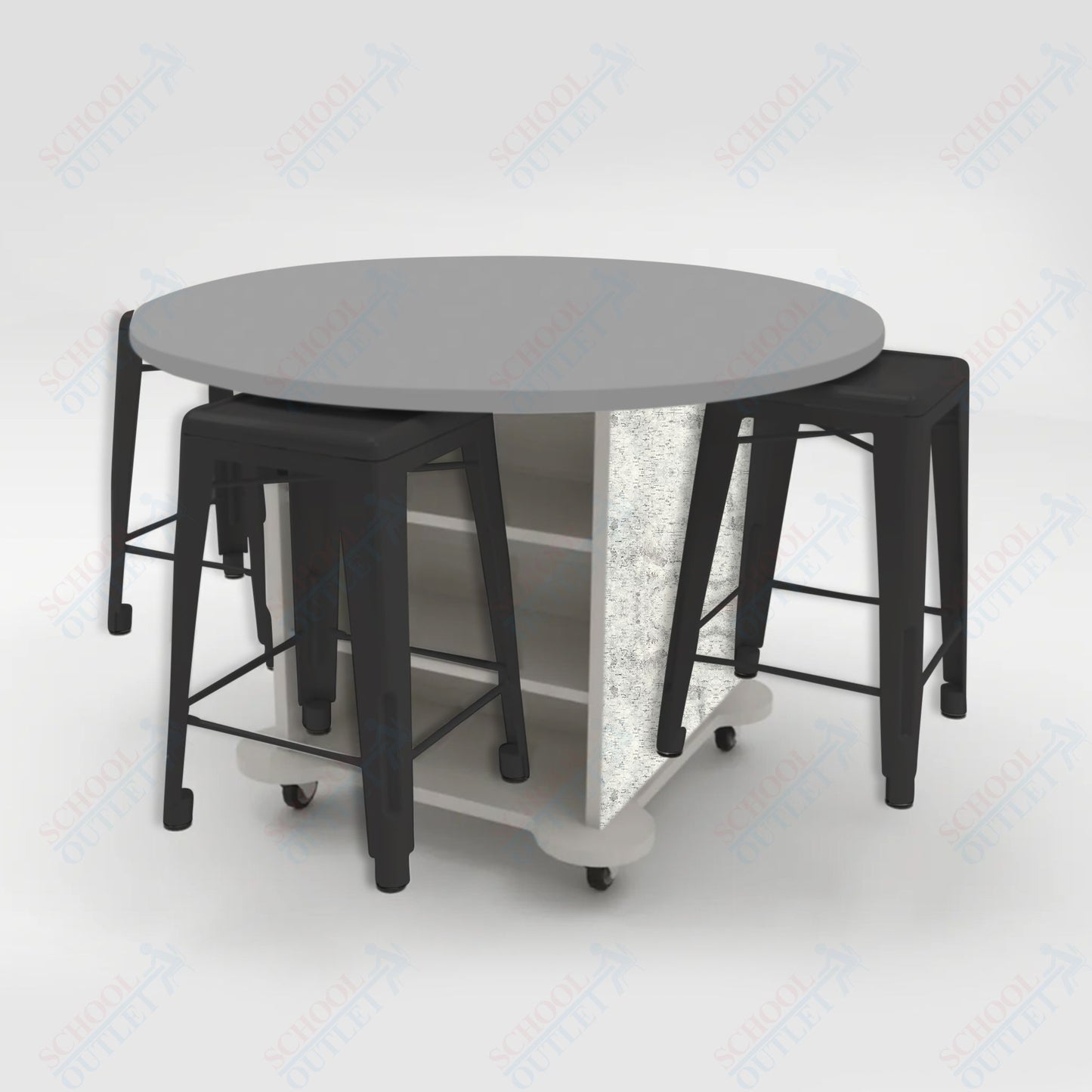 CEF Creation Cube Double-Sided Storage Table - 34"H, High-Pressure Laminate Base and Round Top - 4 Metal Stools Included