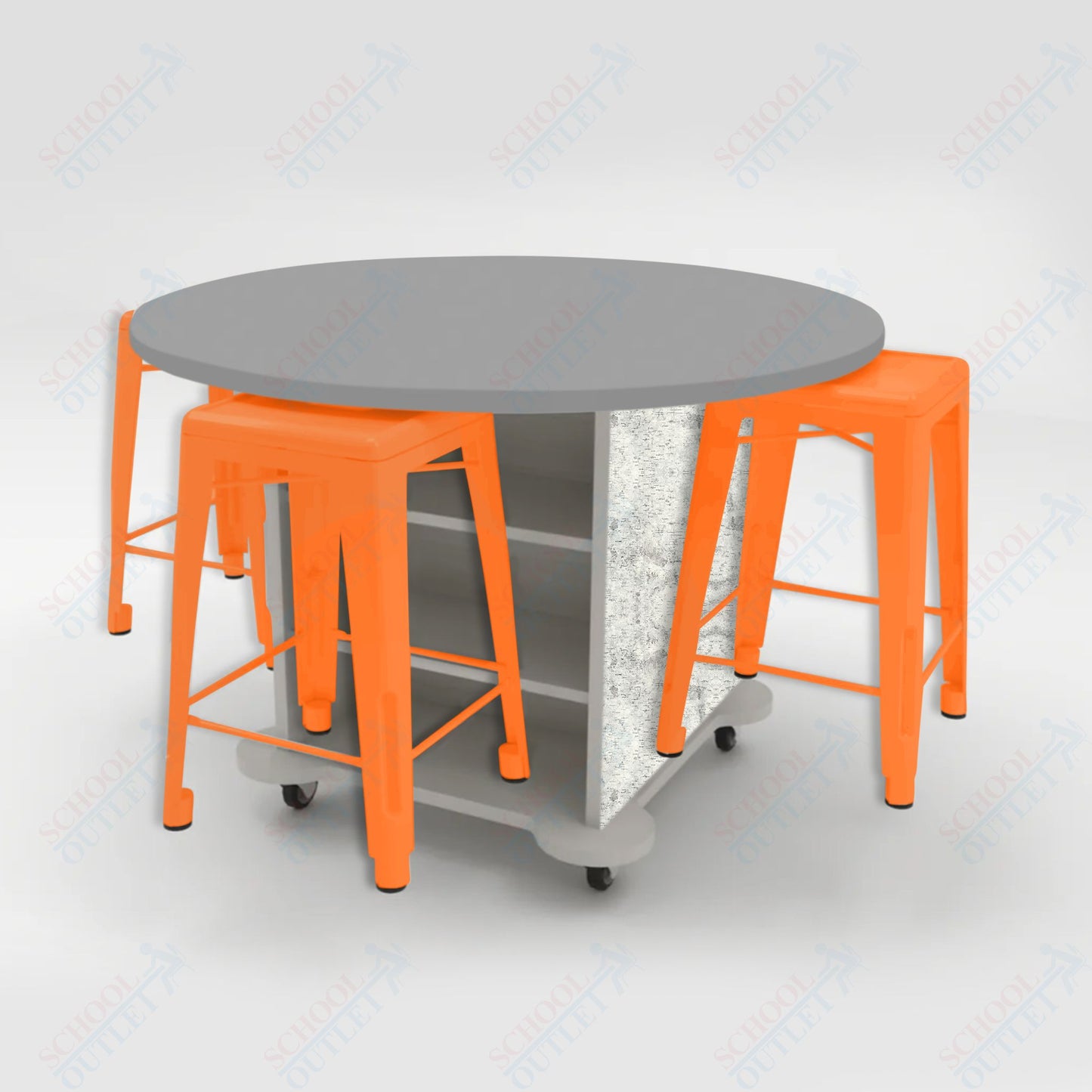 CEF Creation Cube Double-Sided Storage Table - 34"H, High-Pressure Laminate Base and Round Top - 4 Metal Stools Included