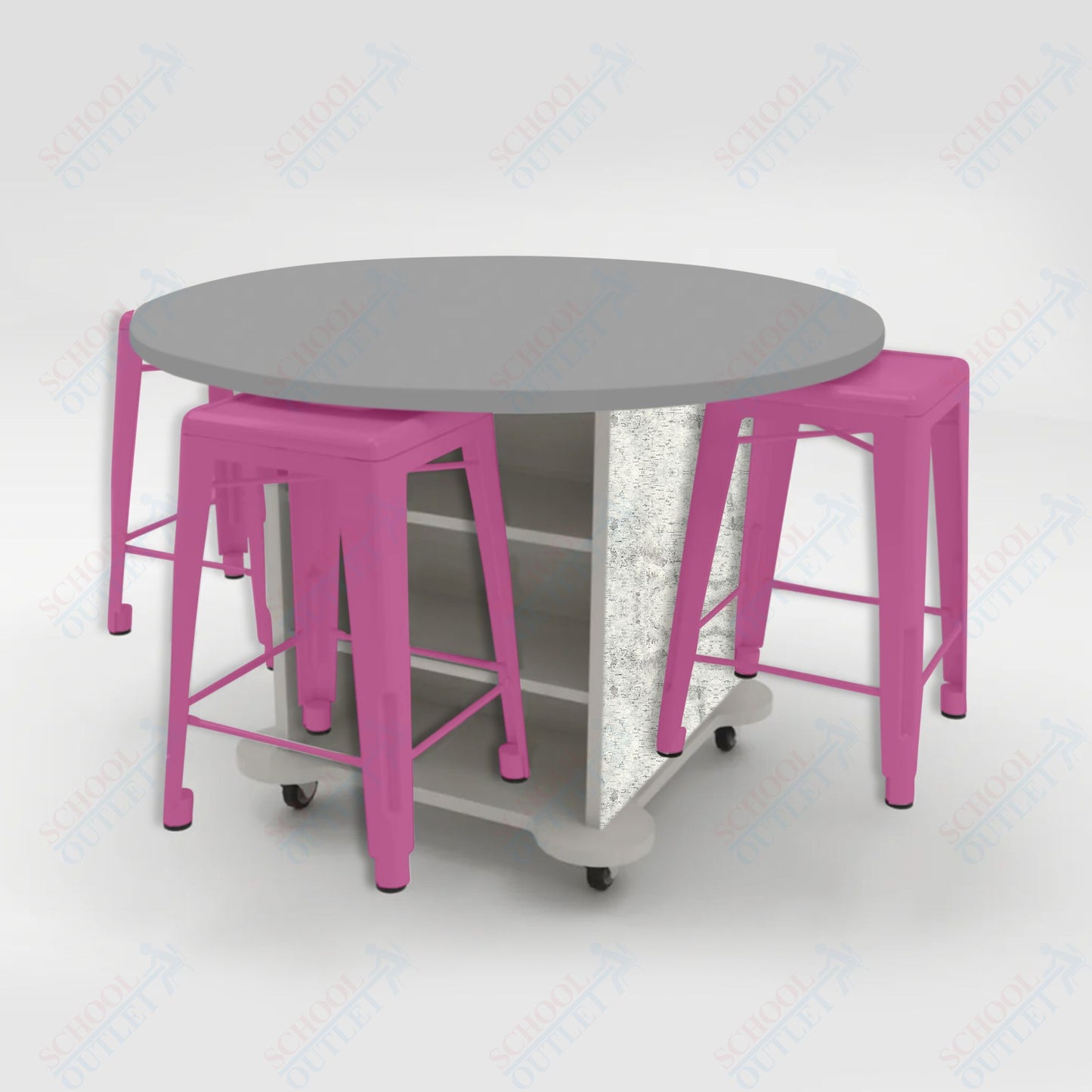 CEF Creation Cube Double-Sided Storage Table - 34"H, High-Pressure Laminate Base and Round Top - 4 Metal Stools Included